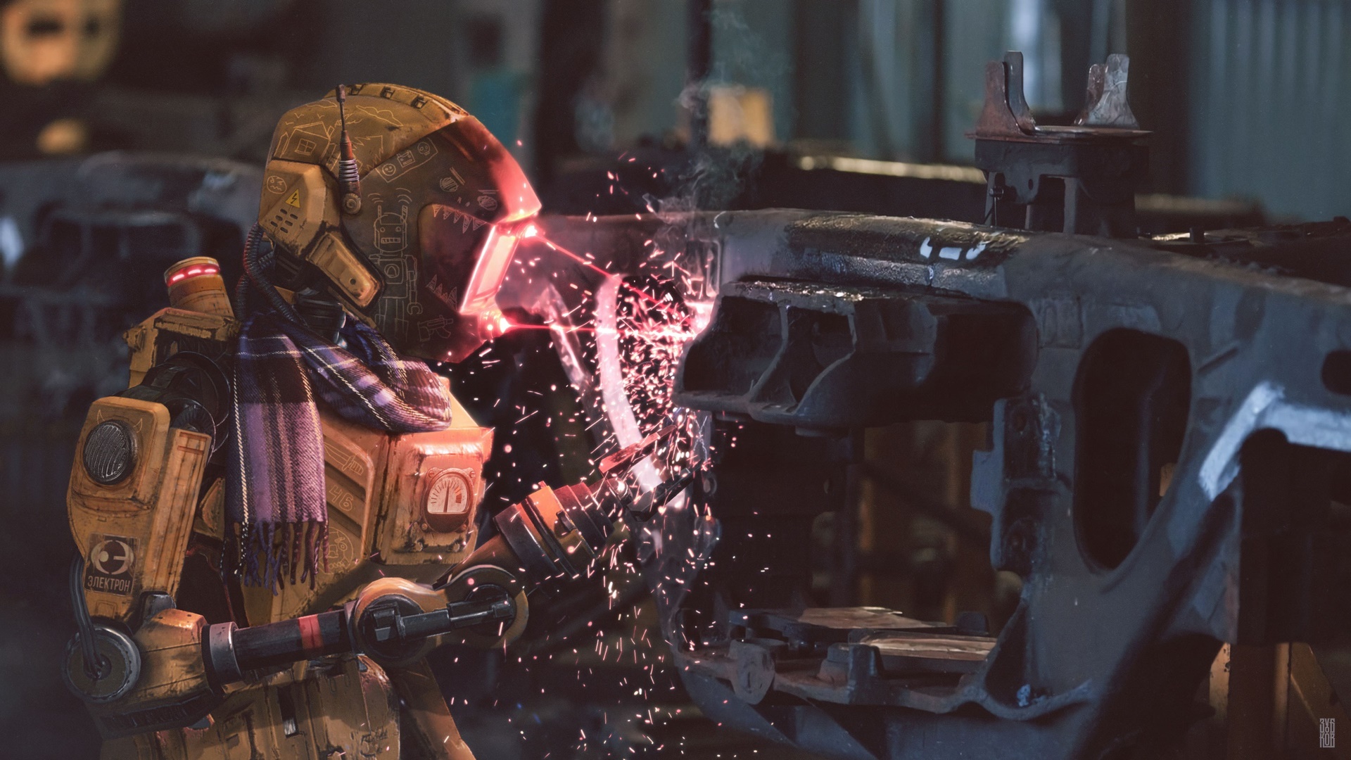 General 1920x1080 workers robot futuristic digital art welding