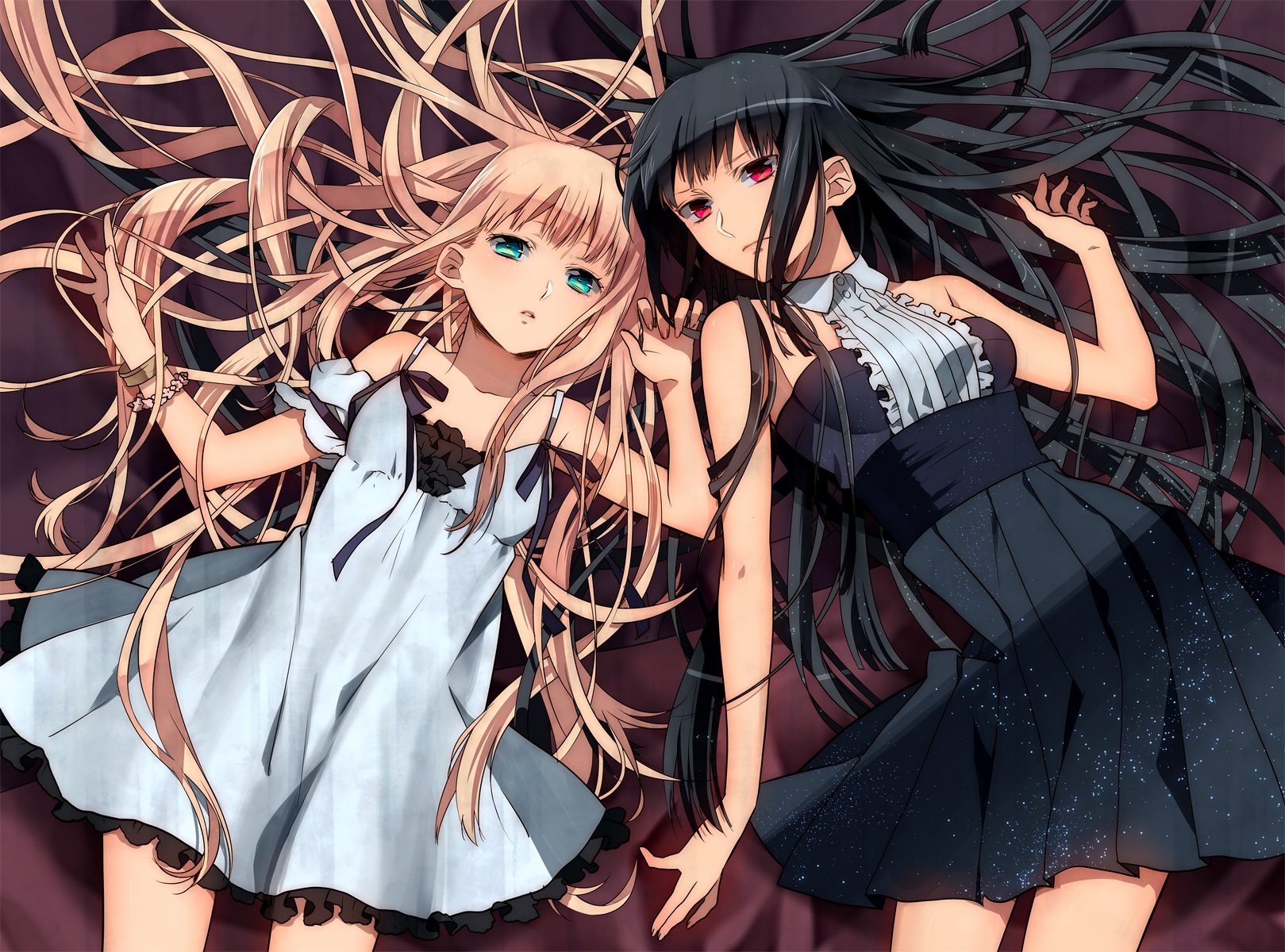 Anime 1619x1200 anime girls anime Murakami Yuichi original characters dress long hair blonde black hair
