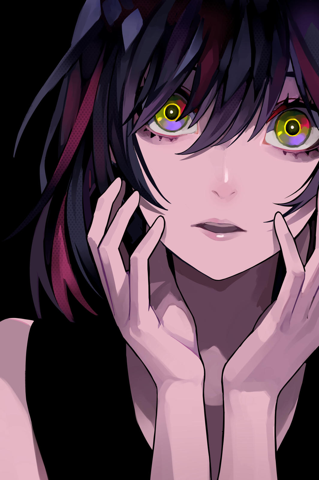 Anime 1064x1600 anime girls anime original characters dark hair shoulder length hair looking at viewer open mouth touching face portrait display black background dark artwork 2D digital art drawing LAM