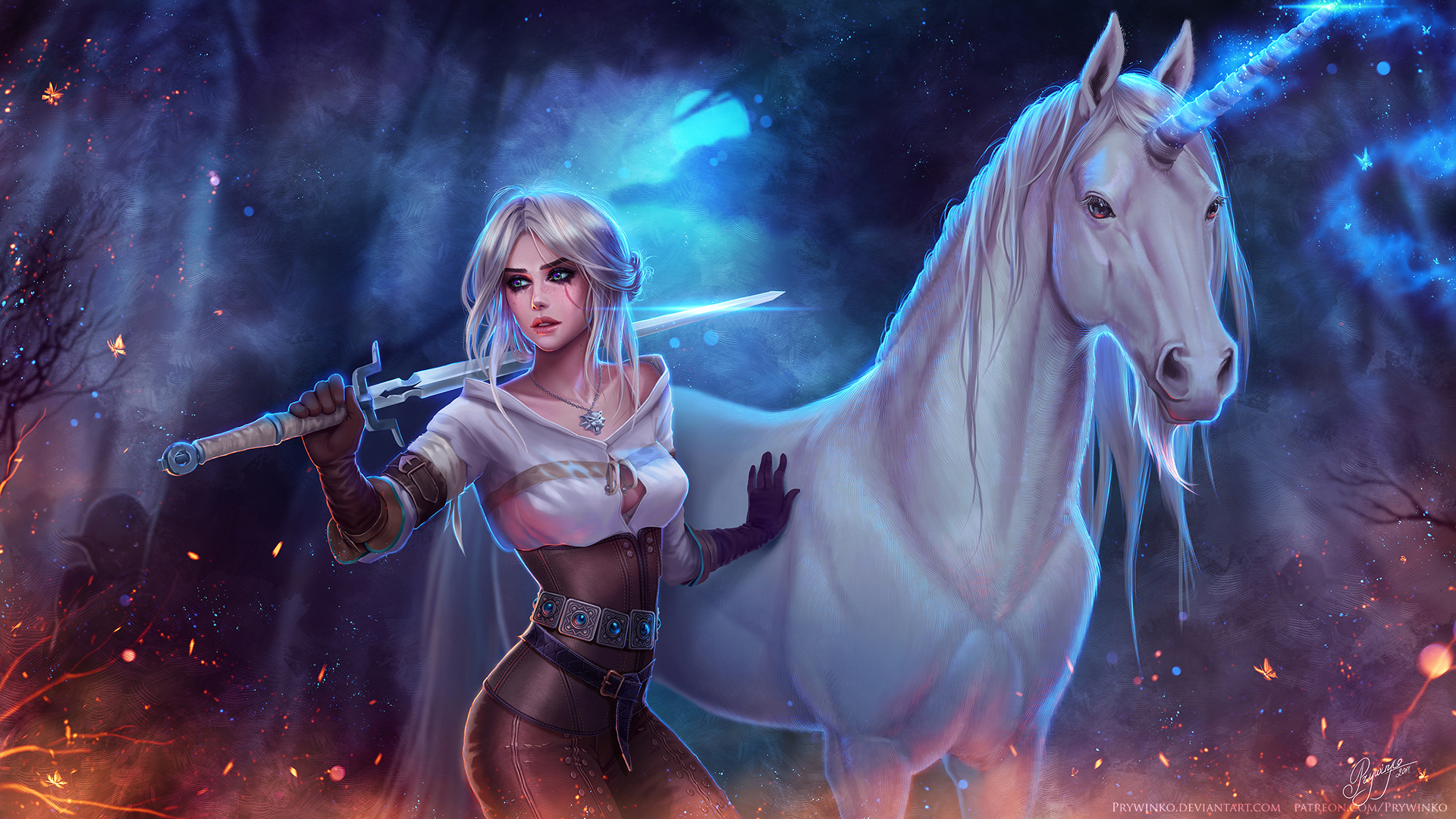 General 1920x1080 Cirilla Fiona Elen Riannon The Witcher video games fan art video game art video game characters video game girls white hair cleavage sword weapon looking at viewer scars necklace unicorn fantasy art forest night sparks fire artwork drawing digital art Prywinko glowing