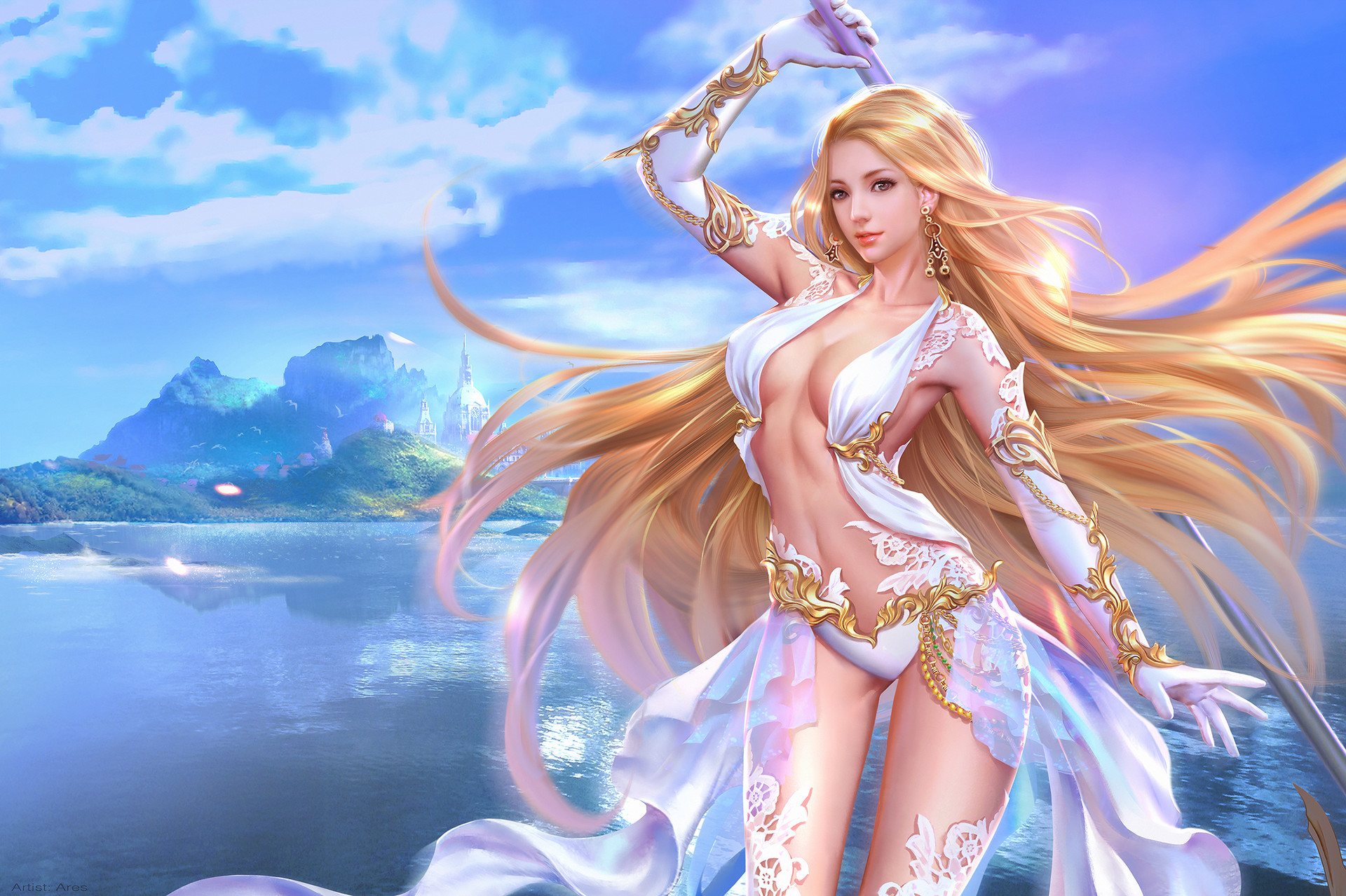General 1920x1279 Ares drawing women blonde long hair dress white clothing sky fantasy art magician weapon staff gold jewelry reflection water digital art
