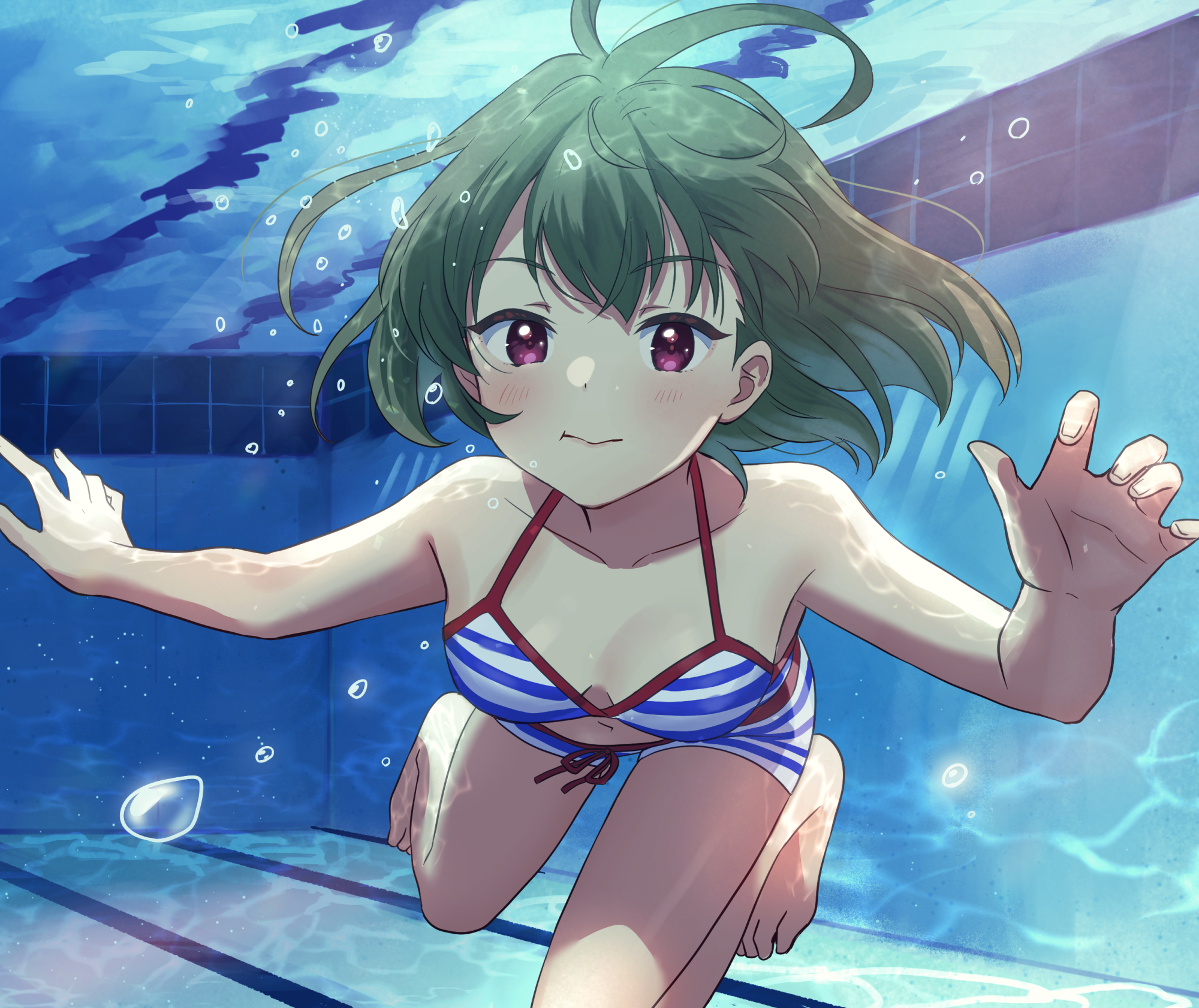 Anime 2000x1682 anime anime girls digital art artwork 2D portrait Emu THE iDOLM@STER Nagayoshi Subaru underwater bikini green hair purple eyes barefoot