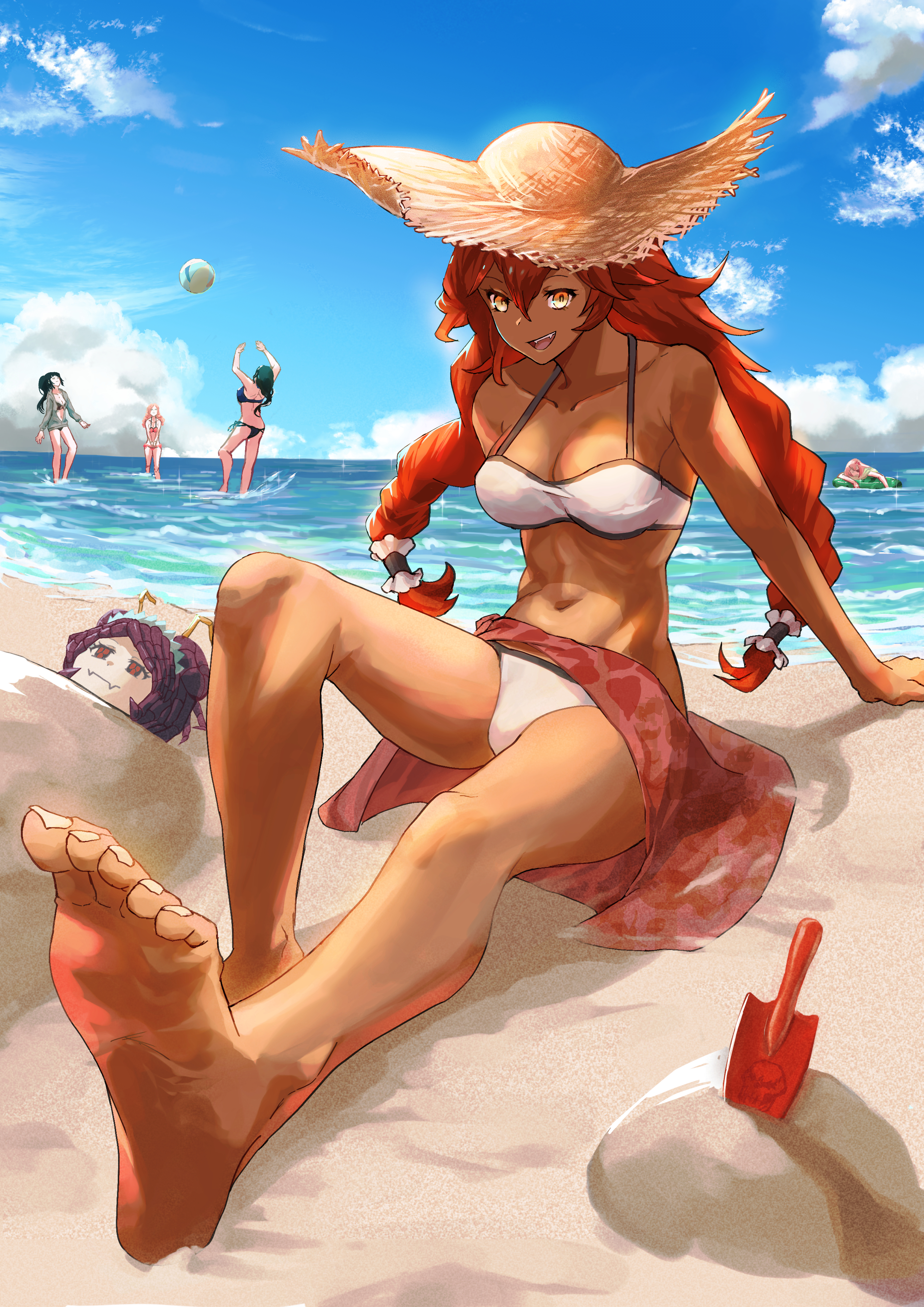 Anime 2480x3508 Overlord (anime) 2D anime long hair monster girl wolf girls big boobs cleavage white bikini beach summer bare shoulders barefoot redhead dark skin thighs the gap arm(s) behind back arms up belly button curvy braids Lupusregina Beta Entoma Vasilissa Zeta Gamma Narberal Yuri Alpha Solution Epsilon looking at viewer ecchi fan art smiling open mouth belly portrait display Narberal Gamma standing in water beach ball straw hat group of women clouds women on beach women outdoors lying on beach