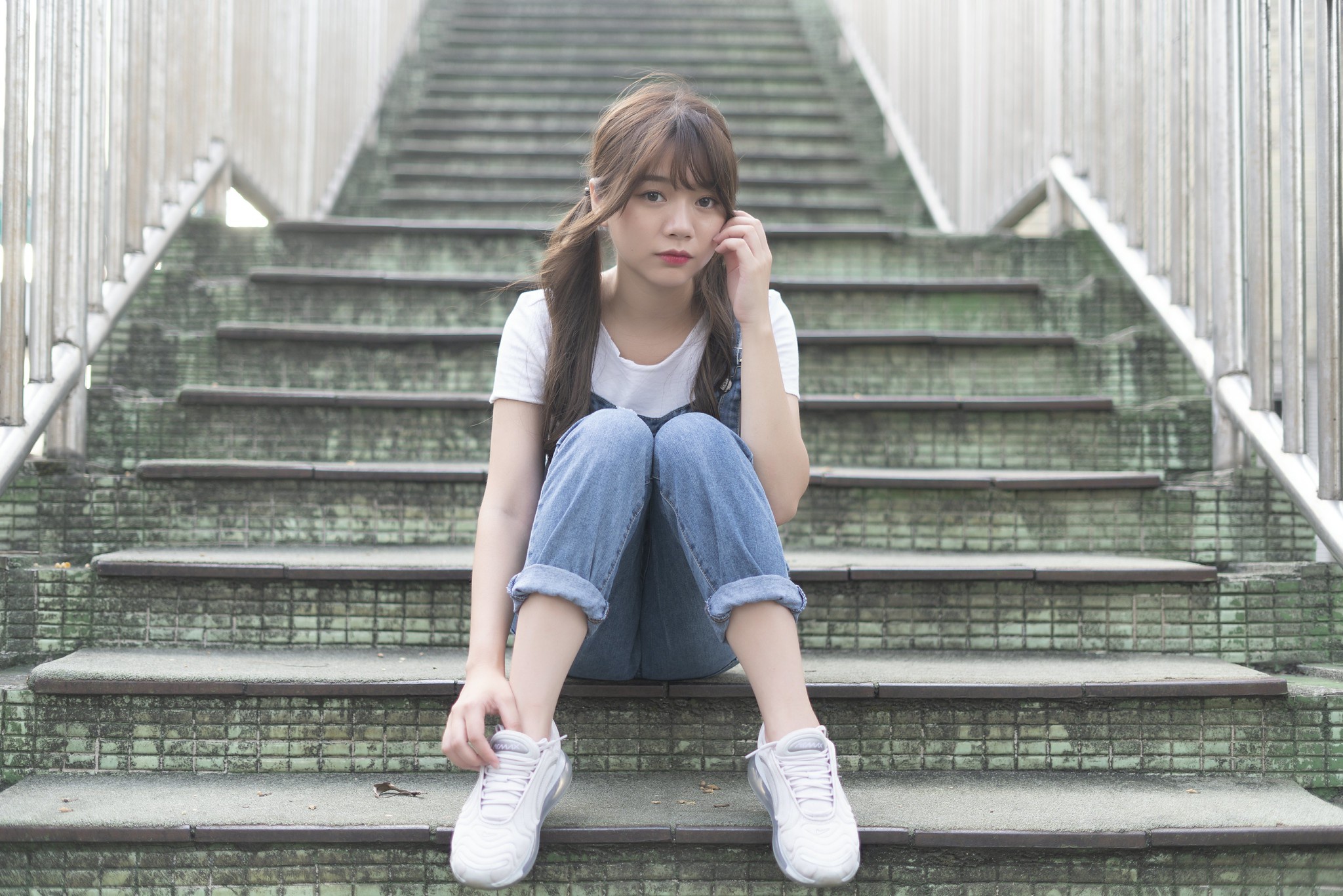 People 2048x1366 Asian model women long hair brunette sitting sneakers jeans stairs white shirt twintails