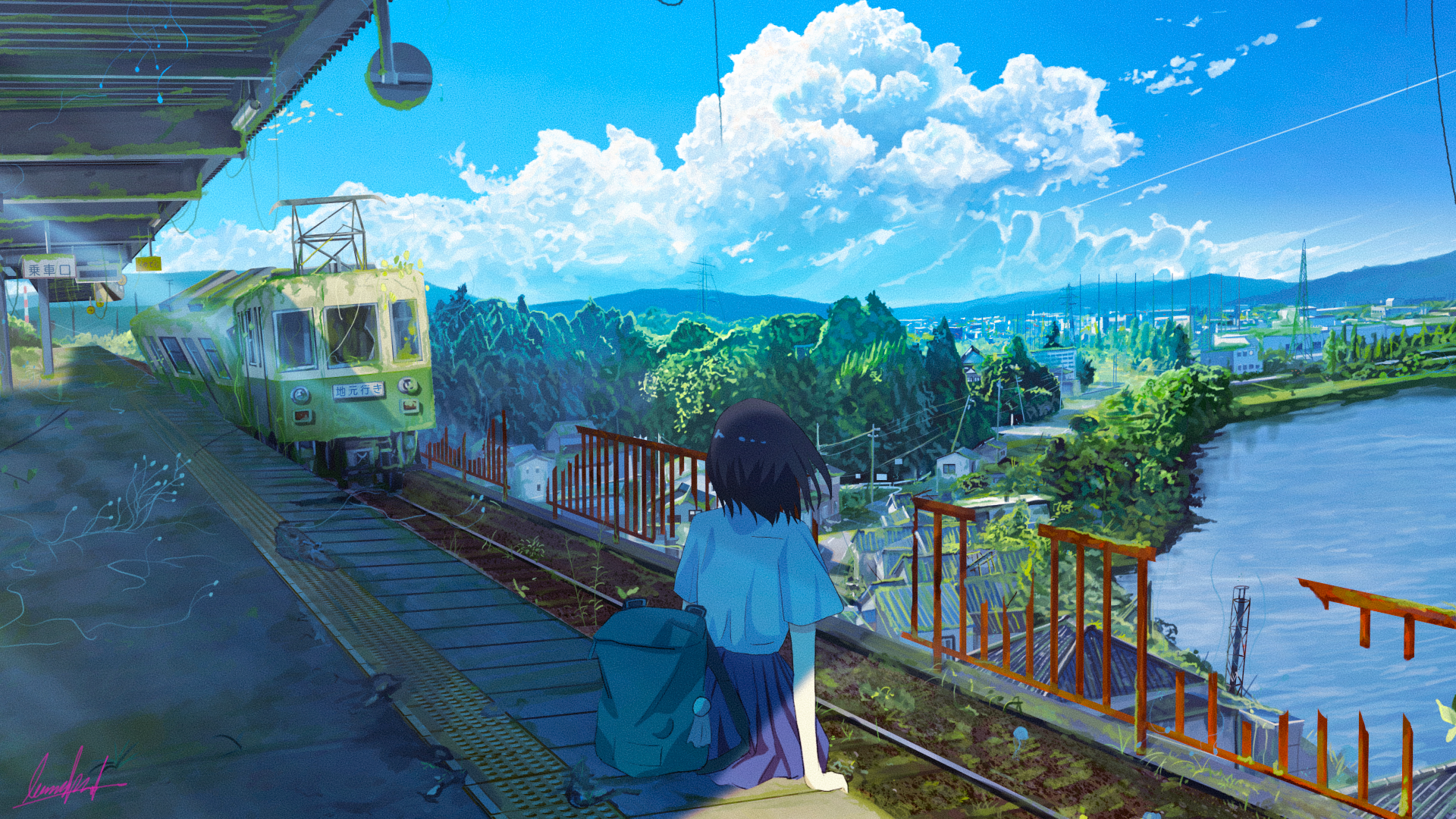 Anime 1920x1080 anime anime girls digital art artwork 2D train station ruins cityscape Banishment