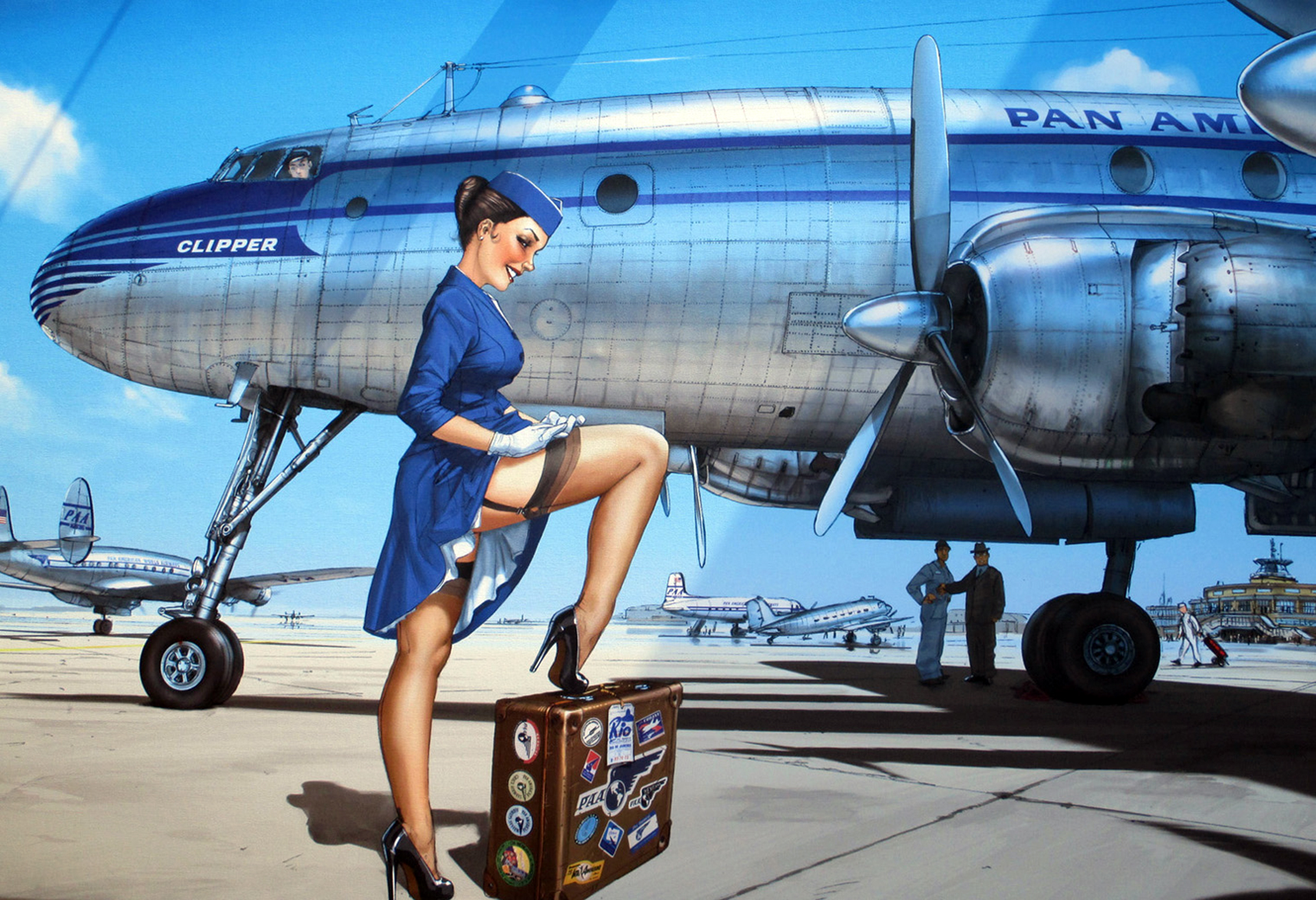General 1920x1313 airplane stewardess nylon stockings women drawing pinup m...
