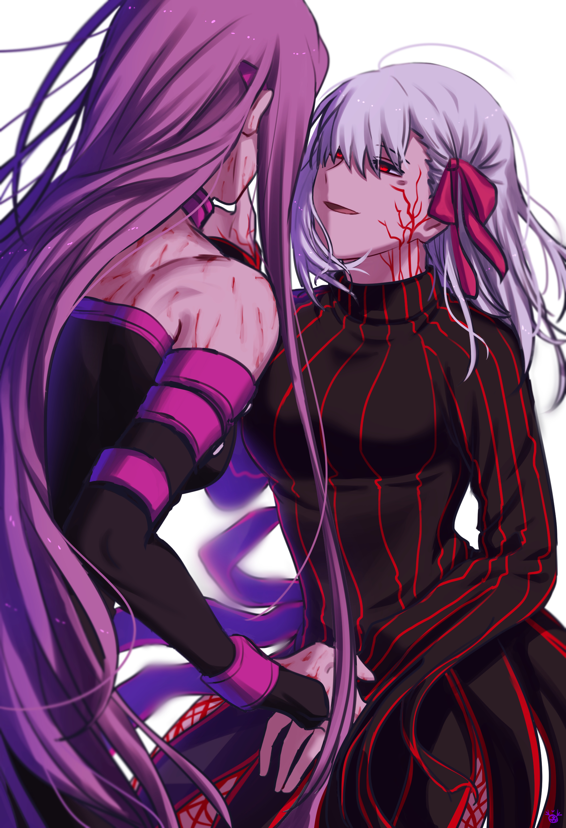 Anime 1833x2682 Fate series Fate/Stay Night fate/stay night: heaven's feel anime girls female warrior no bra black dress holding hands long hair purple hair bare shoulders hand on face portrait display smiling open mouth anime 2D Rider (Fate/Stay Night) hair in face red eyes simple background curvy sideboob fan art Matou Sakura inked girls open dress red ribbon big boobs