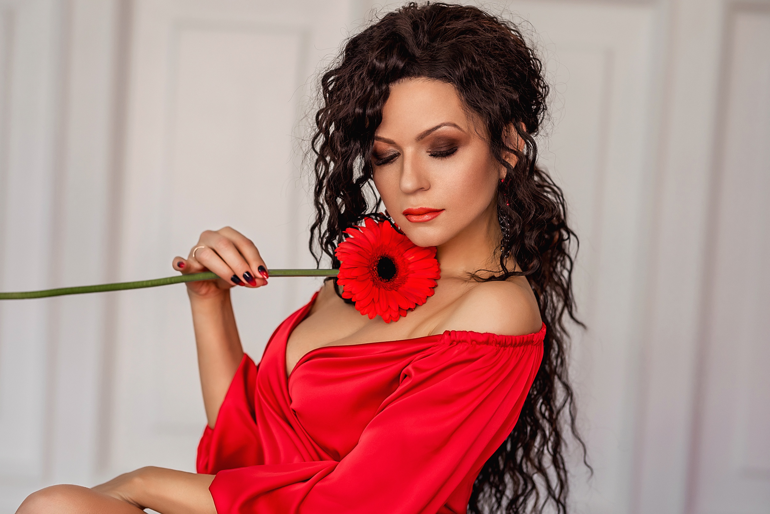 People 2500x1668 makeup dark hair Georgy Dyakov women model face red dress