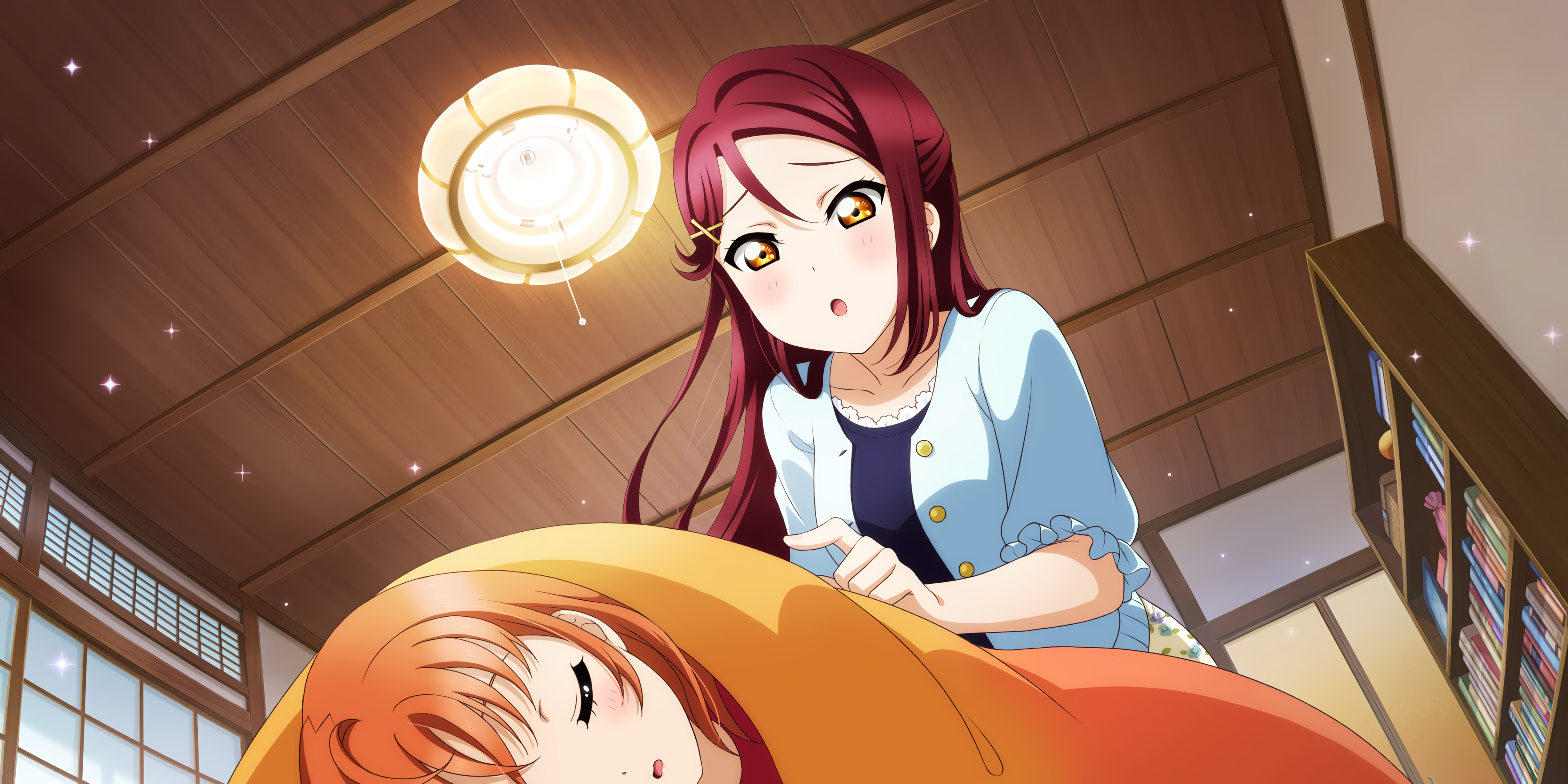 Anime 3600x1800 Love Live! Love Live! Sunshine anime girls anime indoors yellow eyes redhead sleeping Sakurauchi Riko low-angle