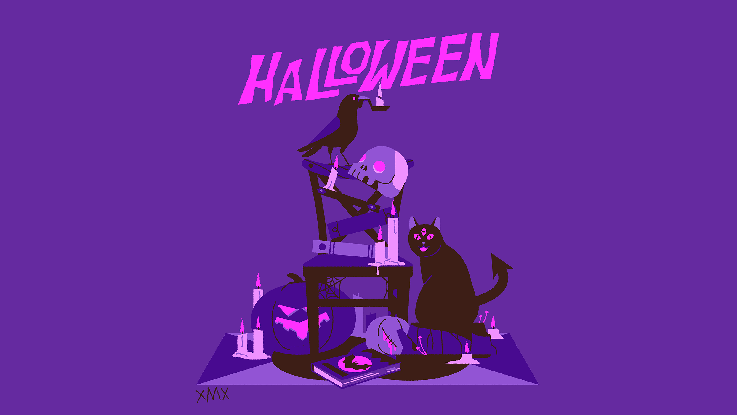 General 2488x1400 Halloween purple background artwork digital art xMx Luo minimalism simple background crow cats pumpkin skull