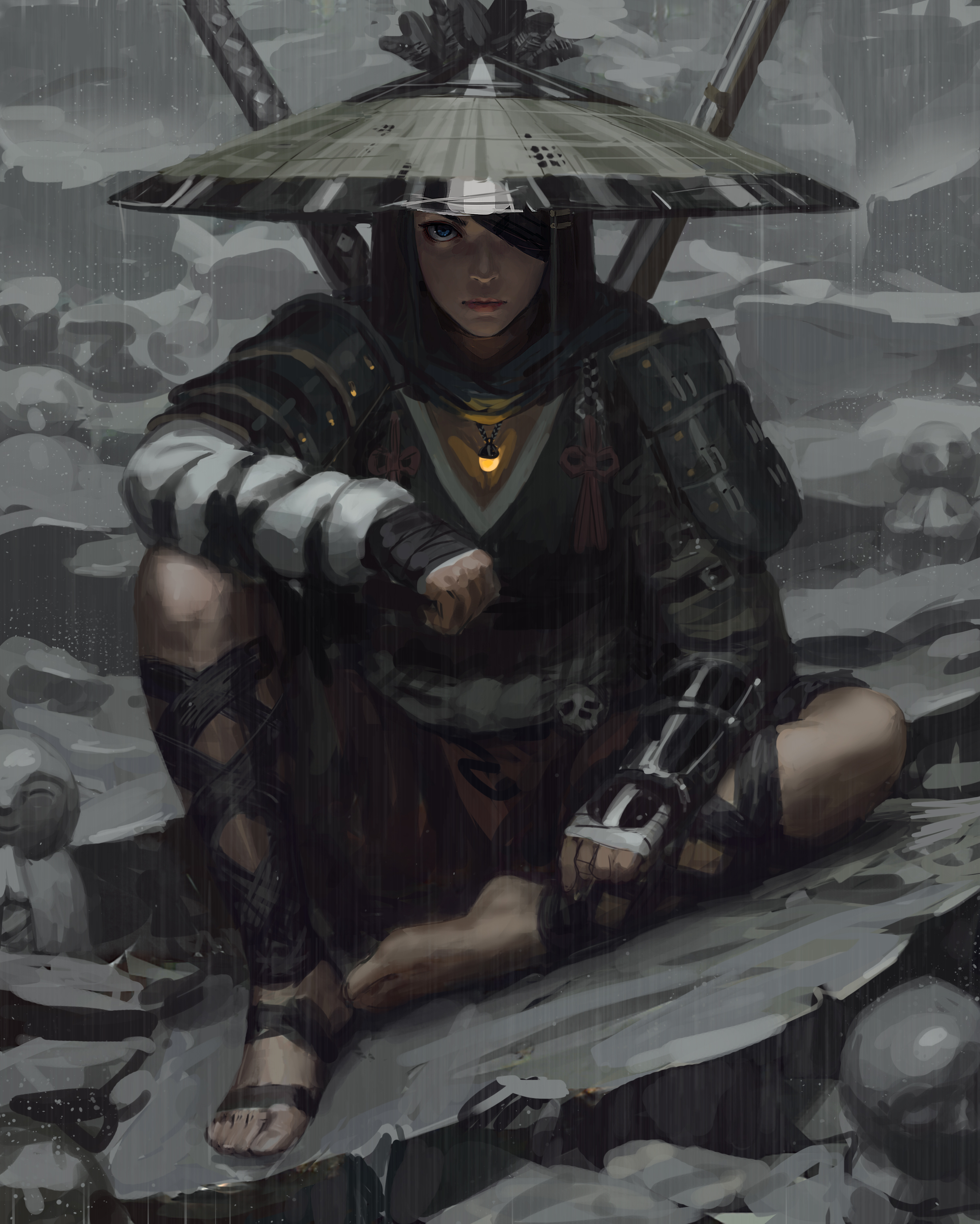 General 3000x3748 GUWEIZ eyepatches sitting armor katana fantasy girl warrior fantasy art