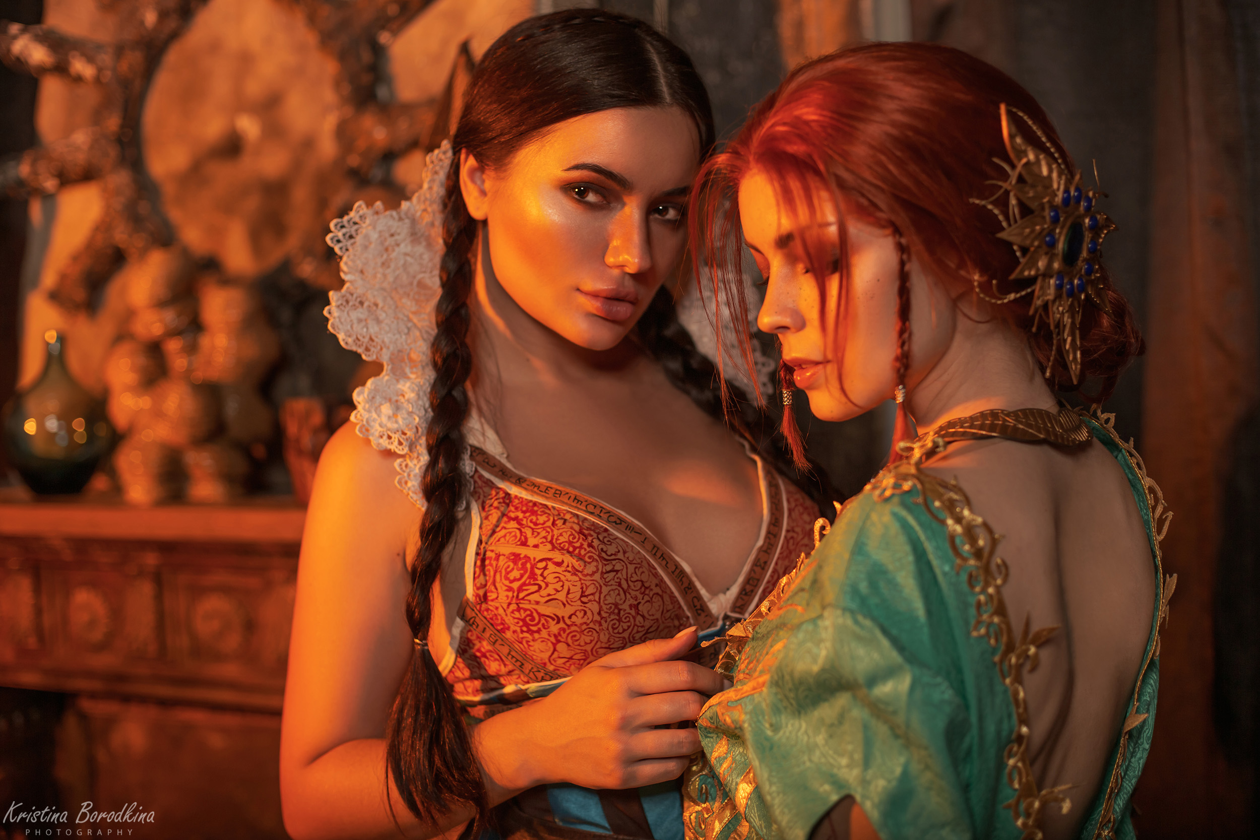 People 2500x1667 Triss Merigold The Witcher The Witcher 3: Wild Hunt video games video game characters women redhead brunette braids two women dress cleavage looking at viewer brown eyes depth of field portrait indoors women indoors cosplay Kristina Borodkina model Filippa Eilhart Philippa Eilhart Russian women Russian Russian model