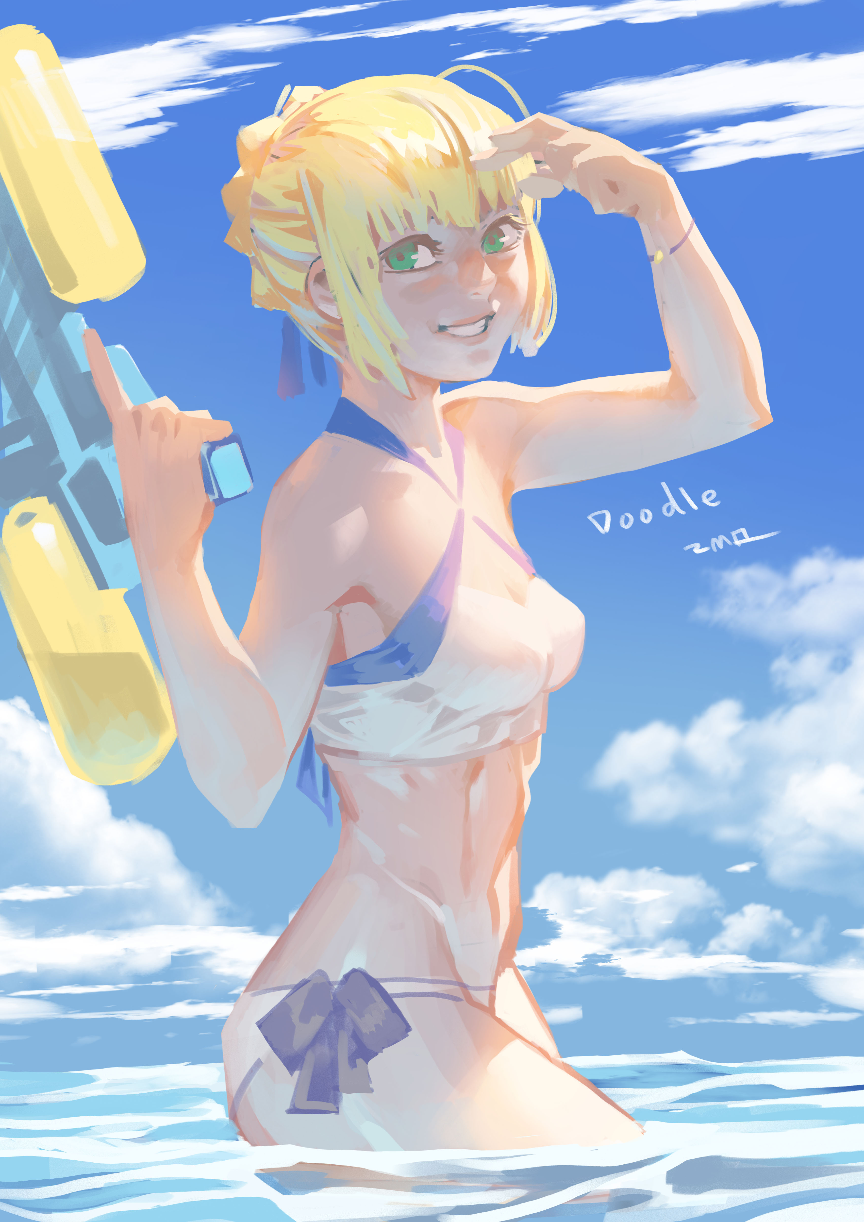 Anime 3508x4961 Fate series Fate/Grand Order Fate/Stay Night anime girls small boobs fan art 2D blushing looking at viewer Saber white swimsuit water guns green eyes doodle blonde bikini Artoria Pendragon