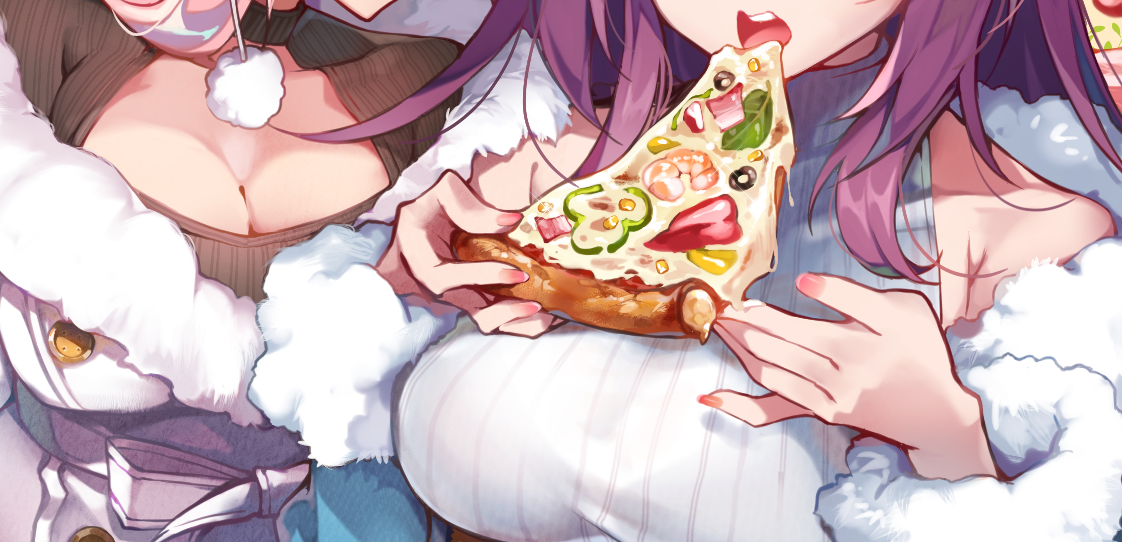 Anime 2232x1080 anime anime girls digital art artwork 2D portrait display food anime girls eating pizza Kanola U cropped Fate series Fate/Grand Order Scathach Medb (Fate/Grand Order ) big boobs cleavage