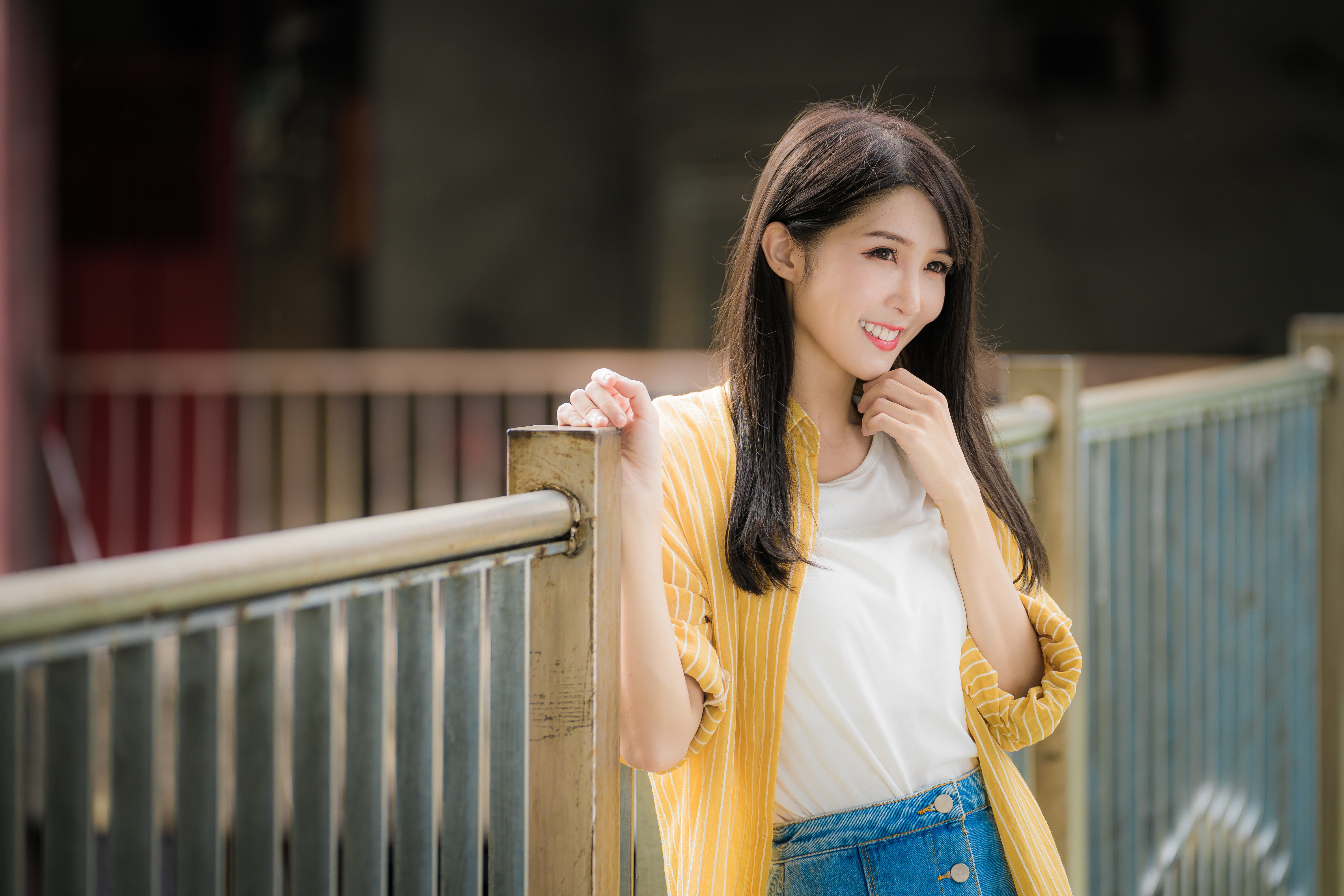 People 6000x4002 Asian women model depth of field long hair brunette railing leaning smiling white tops