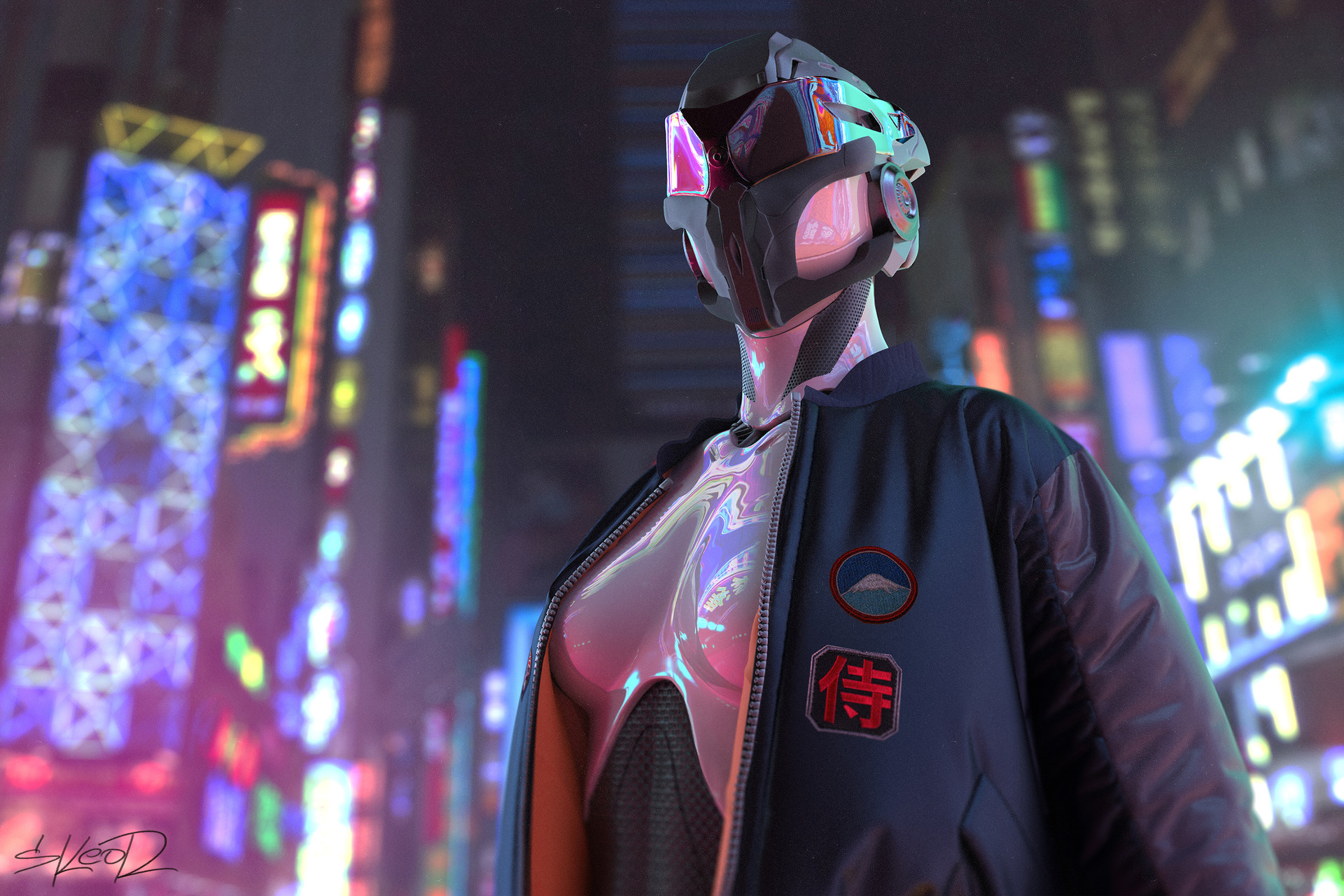 General 1920x1280 robot futuristic futuristic city digital art Tony Skeor low-angle cyberpunk open jacket blurred blurry background open clothes boobs jacket city building city lights