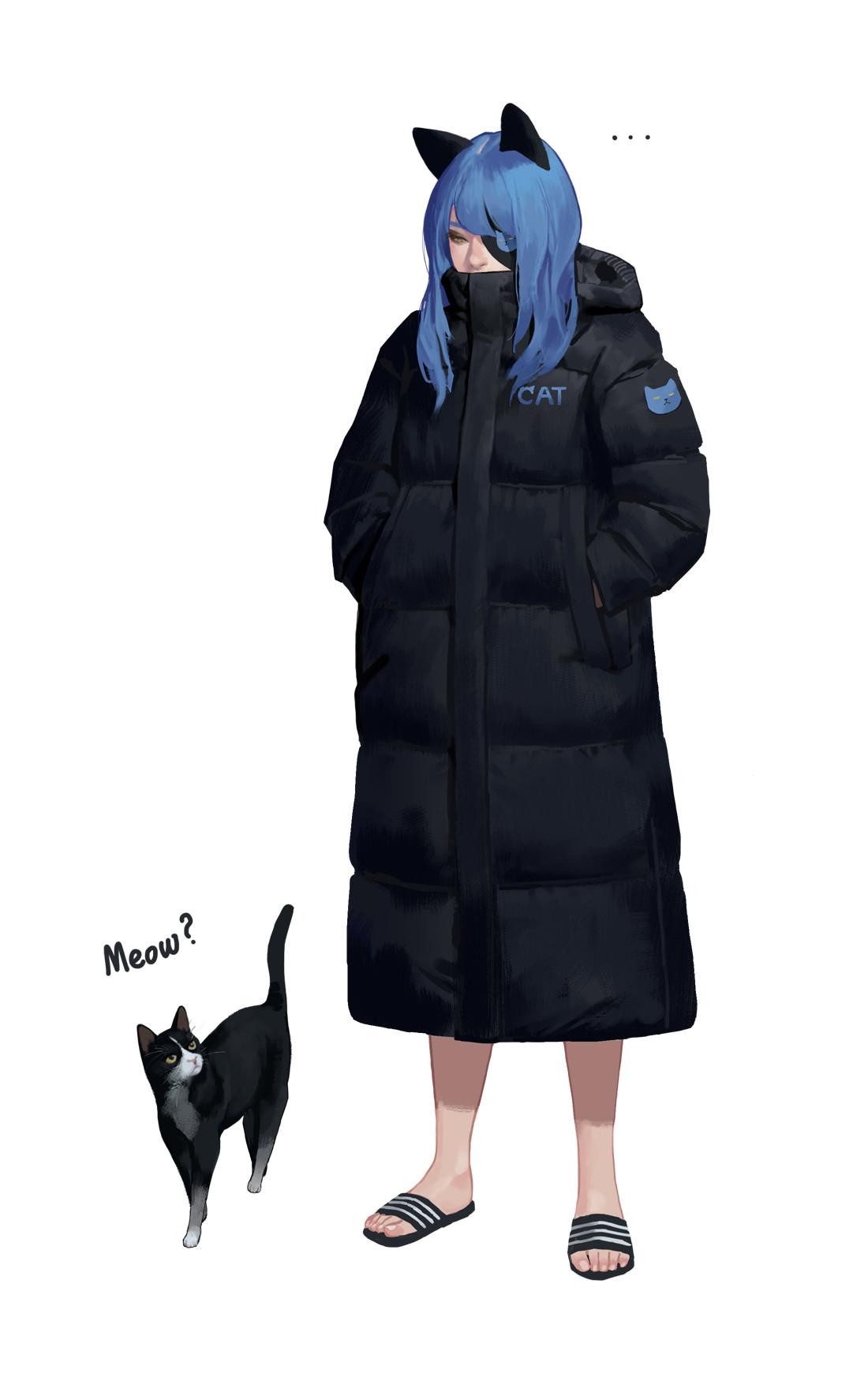 Anime 1100x1750 blue hair cats digital art coats simple background