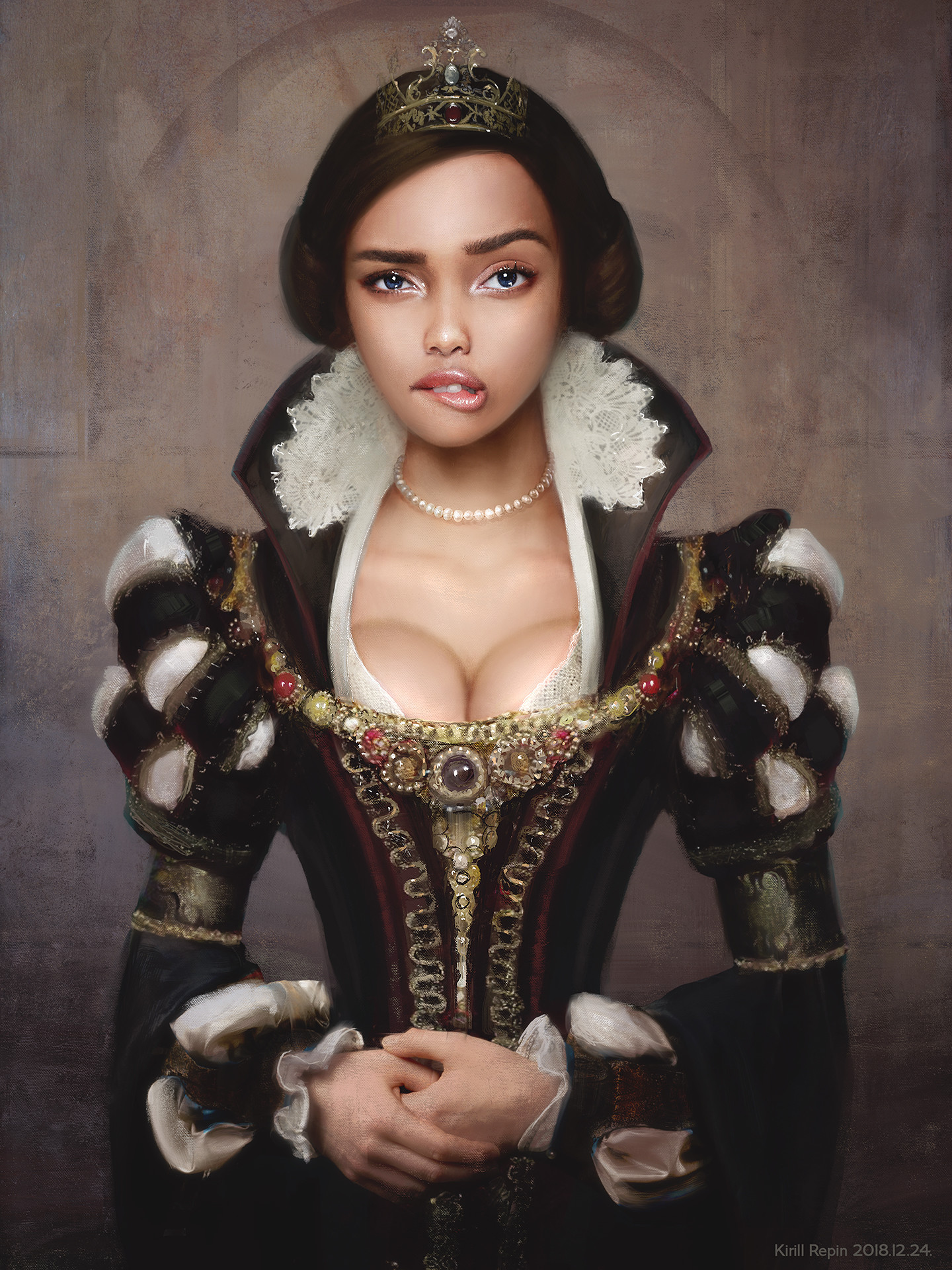 General 1440x1920 fantasy girl fantasy art 2018 (year) cleavage artwork crown pearl necklace biting lips women
