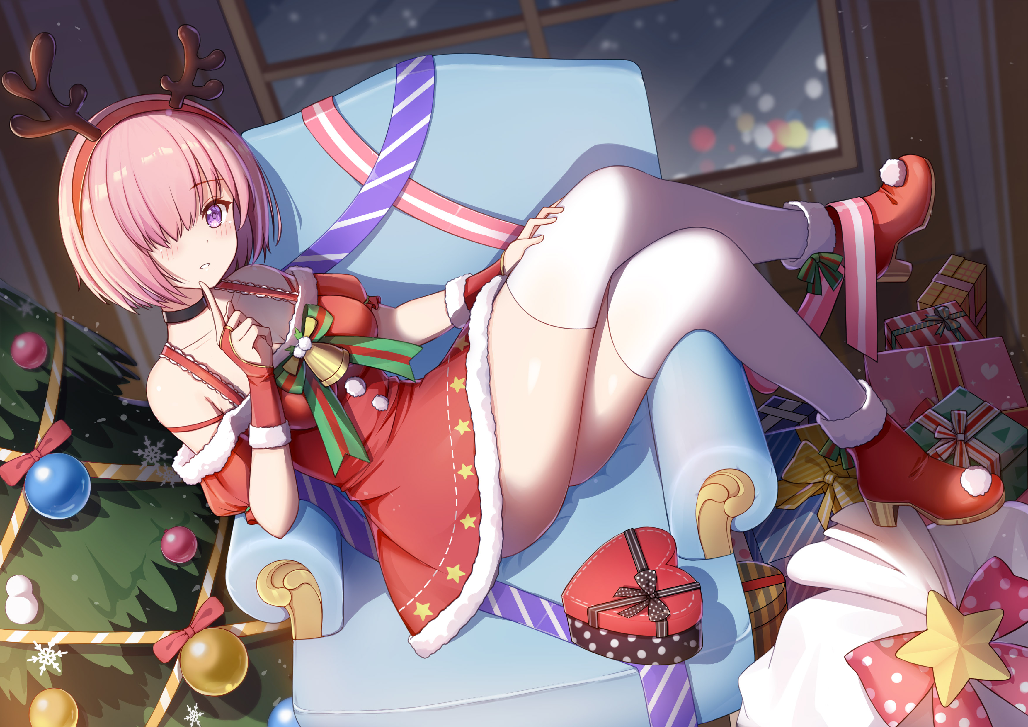 Anime 3508x2480 Fate/Grand Order Mash Kyrielight Christmas white stockings purple eyes pink hair