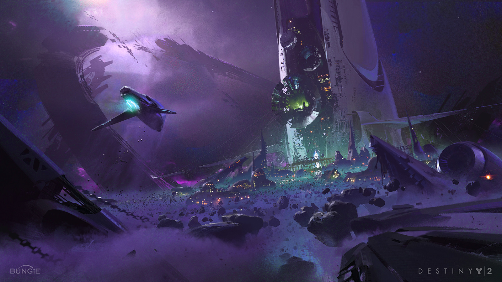 General 1600x900 digital art video games Destiny 2 destiny futuristic science fiction spaceship tower asteroid purple