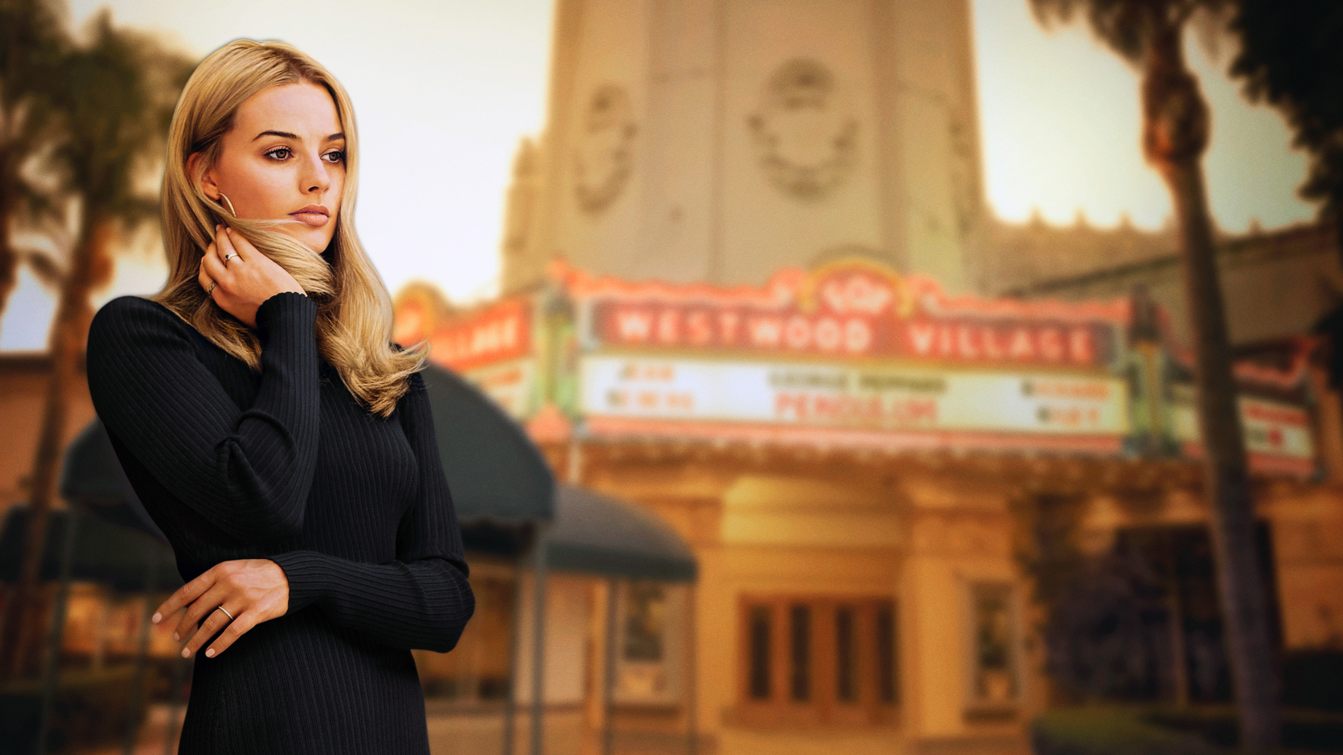 People 1920x1080 women actress blonde long hair Once Upon a Time in Hollywood Margot Robbie movies women outdoors street black dress hoop earrings sweater dress