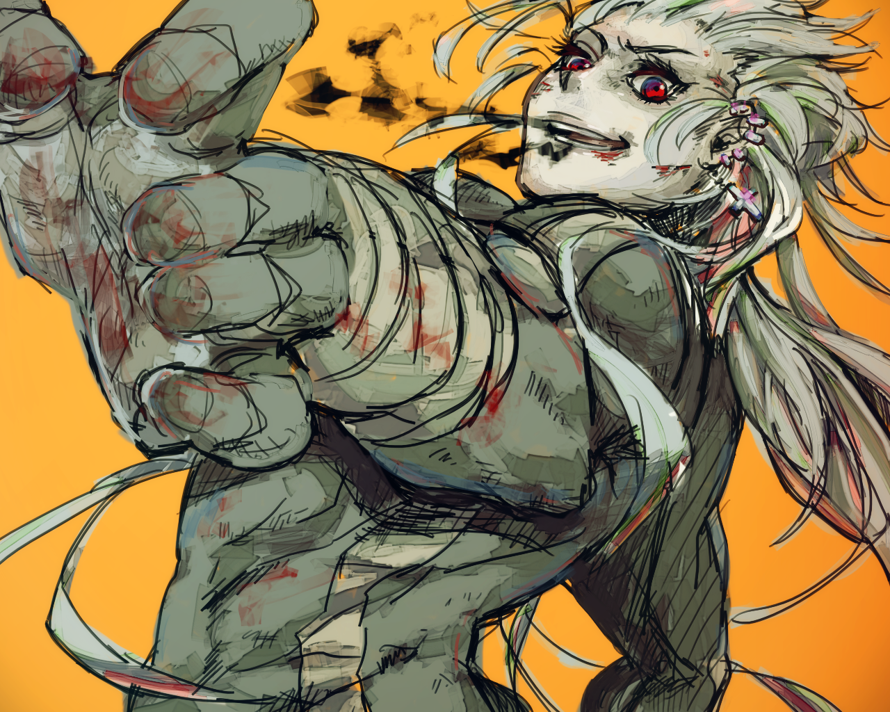 Anime 1280x1024 Dorohedoro anime girls 2D manga sketch long hair gray hair laughing Noi (Dorohedoro) looking at viewer muscles abs 6-pack simple background fan art bandages red eyes