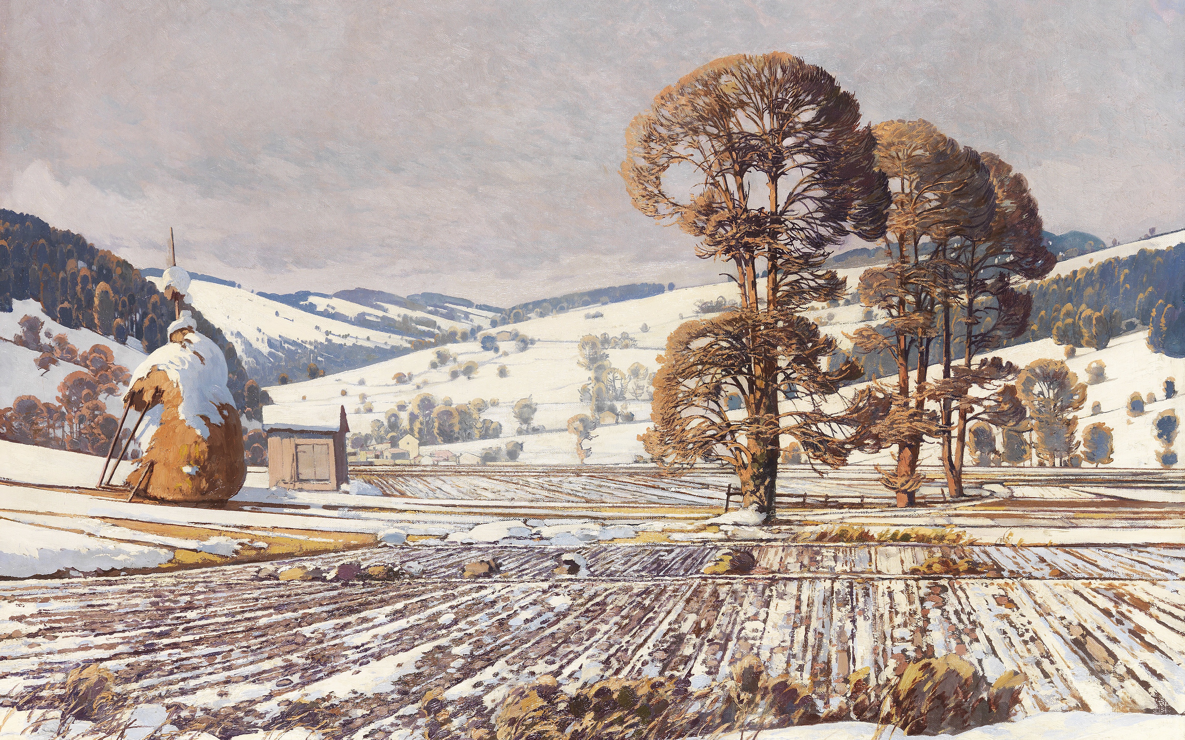 General 3840x2400 winter field landscape classic art painting 1920 (year) Josef Stoitzner snow
