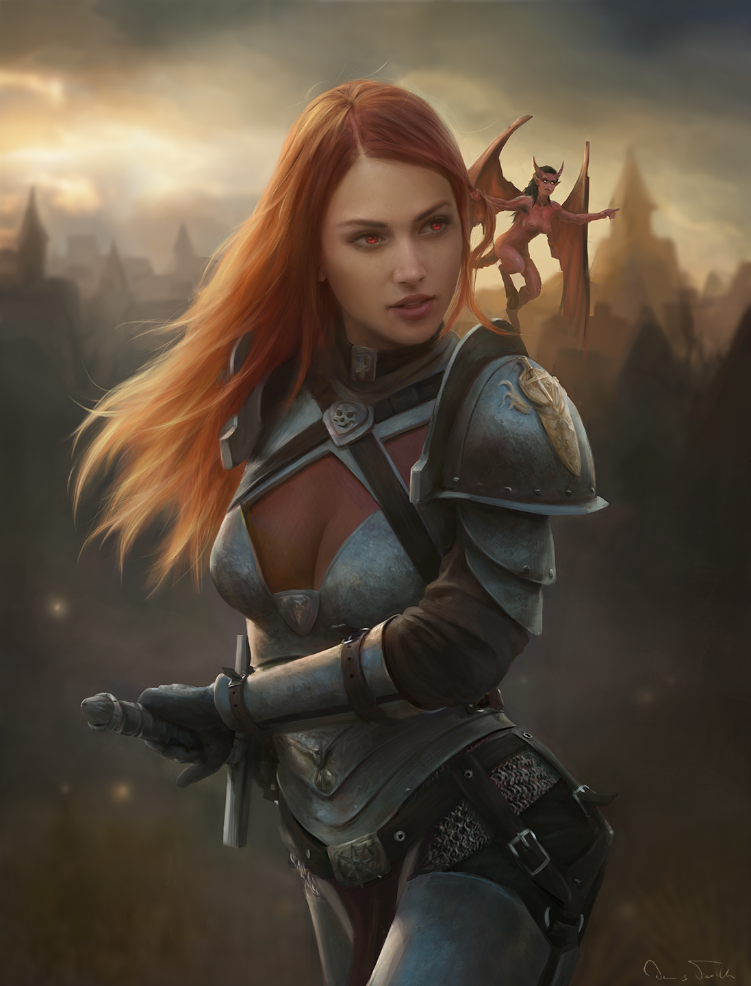 General 1097x1440 Dennis Frohlich drawing women redhead looking away long hair wind red eyes demon succubus red warrior armor weapon sword fantasy girl fantasy art