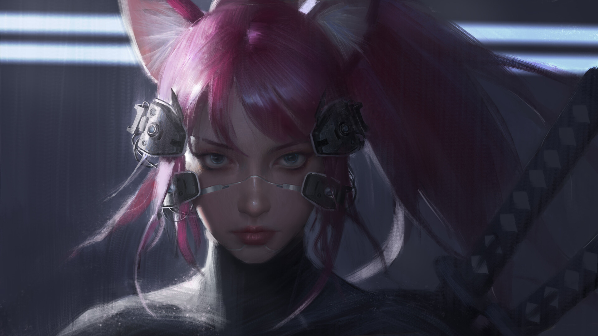 General 1920x1080 Yuhong Ding drawing women cyberpunk cat girl pink hair ponytail portrait looking at viewer weapon katana