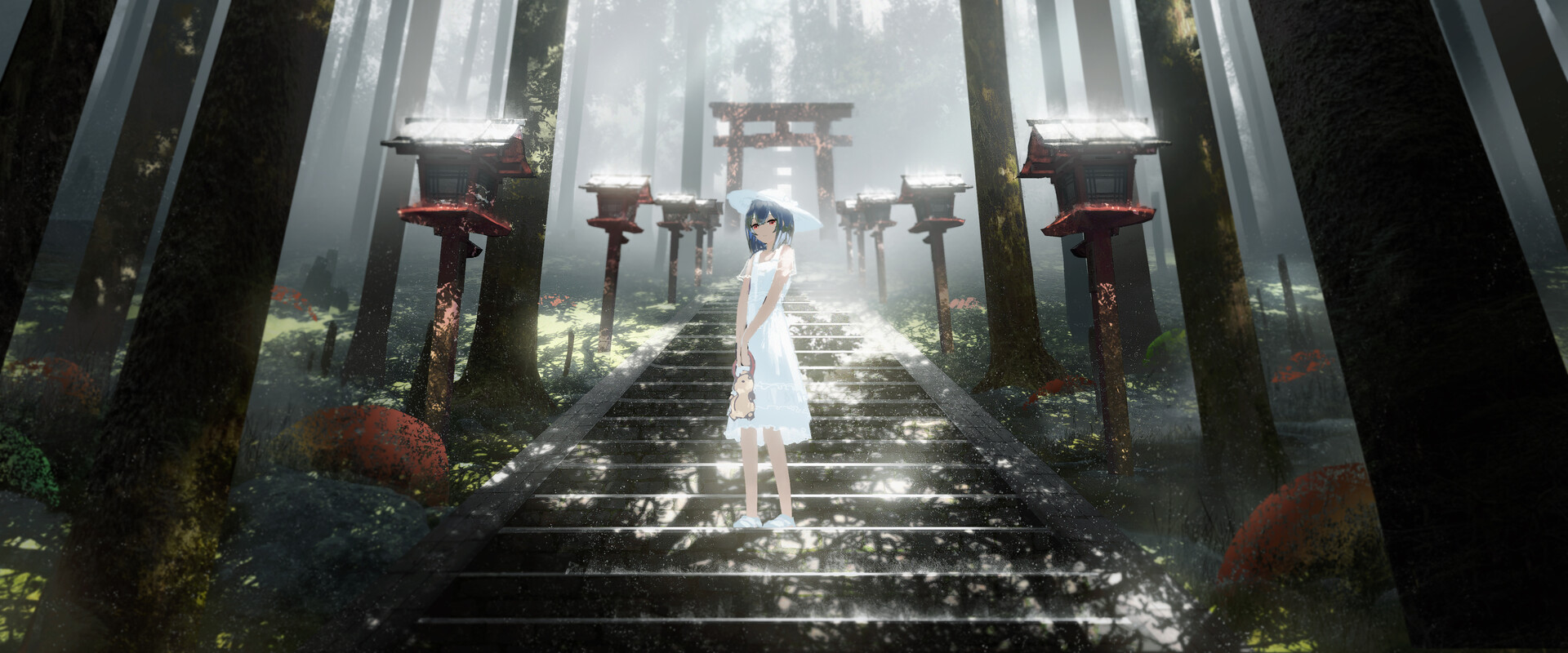 Anime 1920x800 Asteroid (artist) digital art torii stairs women forest lantern dress doll