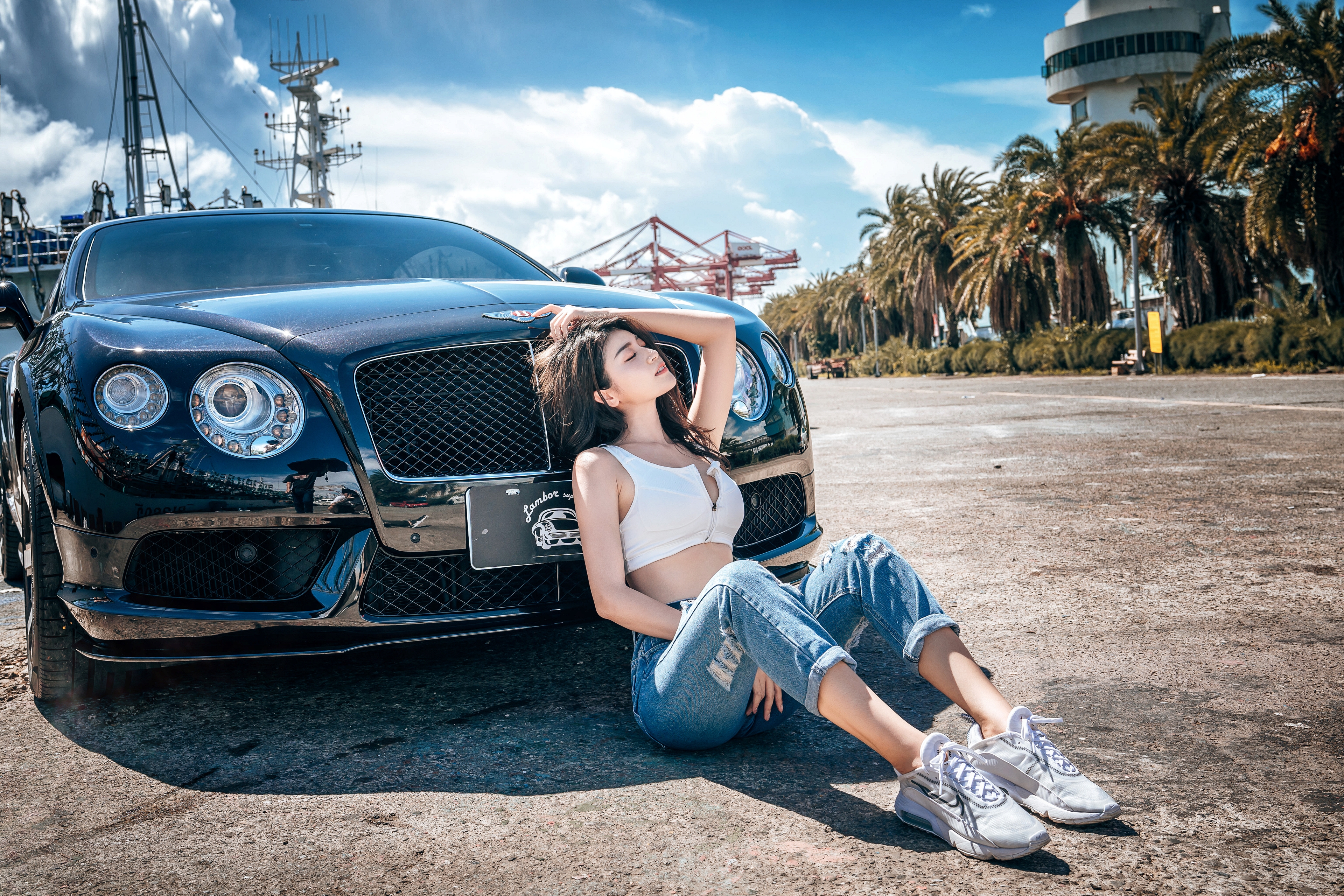 People 3840x2560 women model Asian brunette profile closed eyes parted lips white tops jeans torn jeans sneakers sitting Bentley women with cars car outdoors women outdoors clouds sky Bentley Continental Chinese British cars Volkswagen Group Lin Jiayi