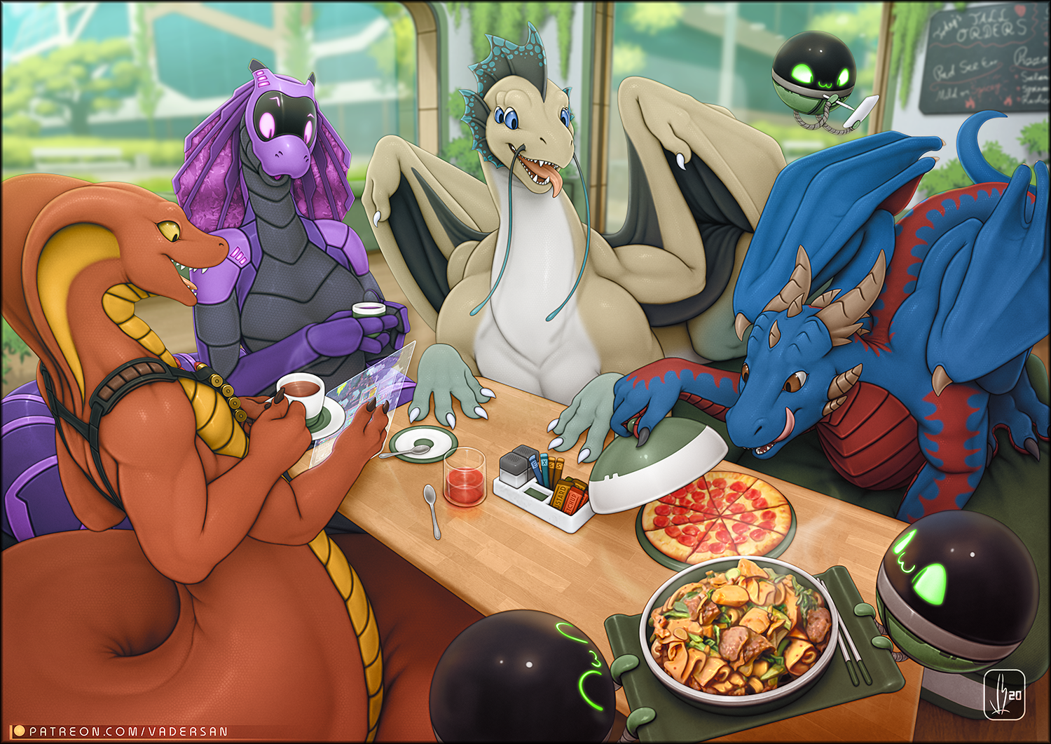 General 1500x1061 furry dragon fantasy art pizza food tongue out blue skin restaurant Anthro