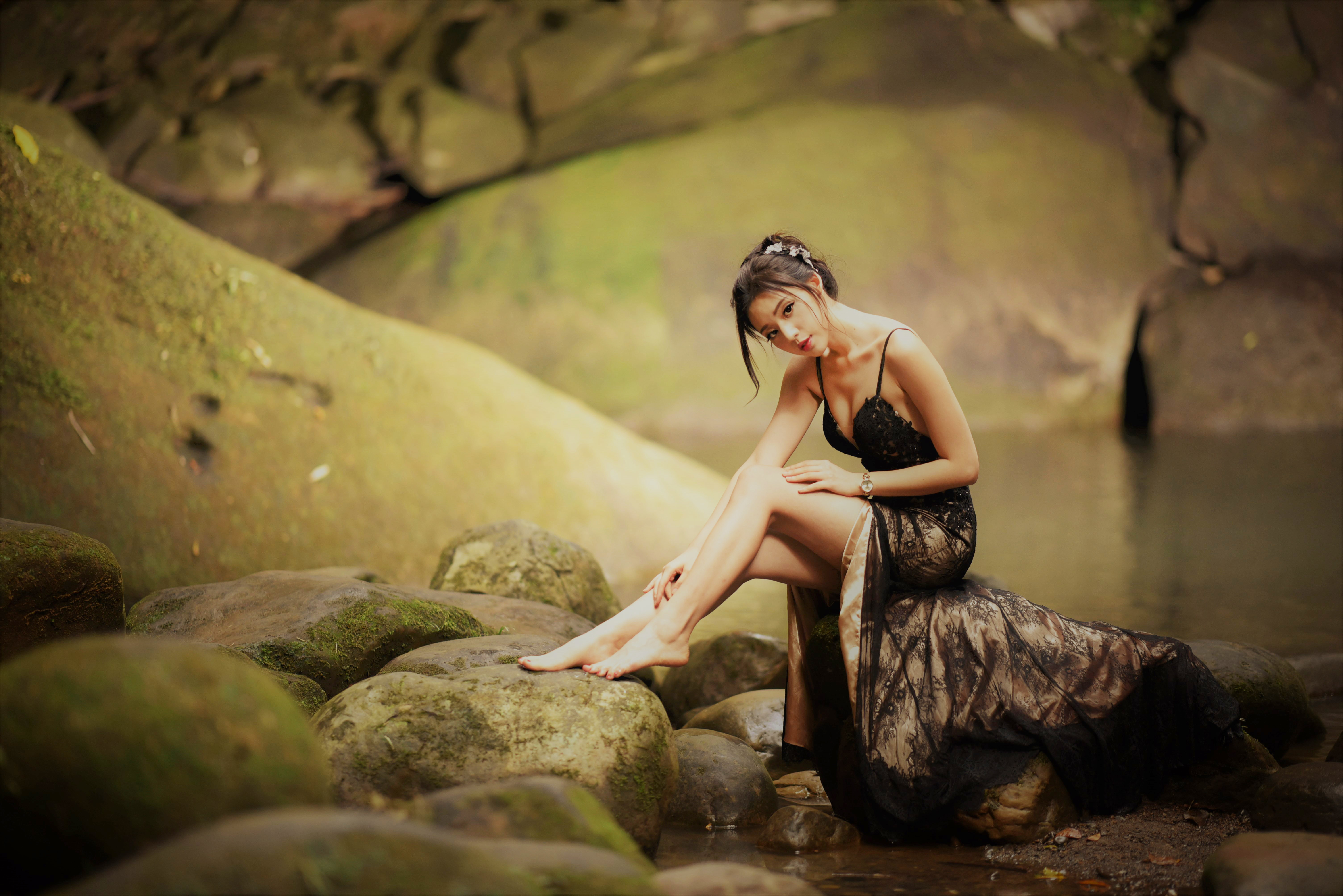 People 6016x4016 Asian women model long hair brunette sitting dress barefoot hair ornament stones lake wristwatch