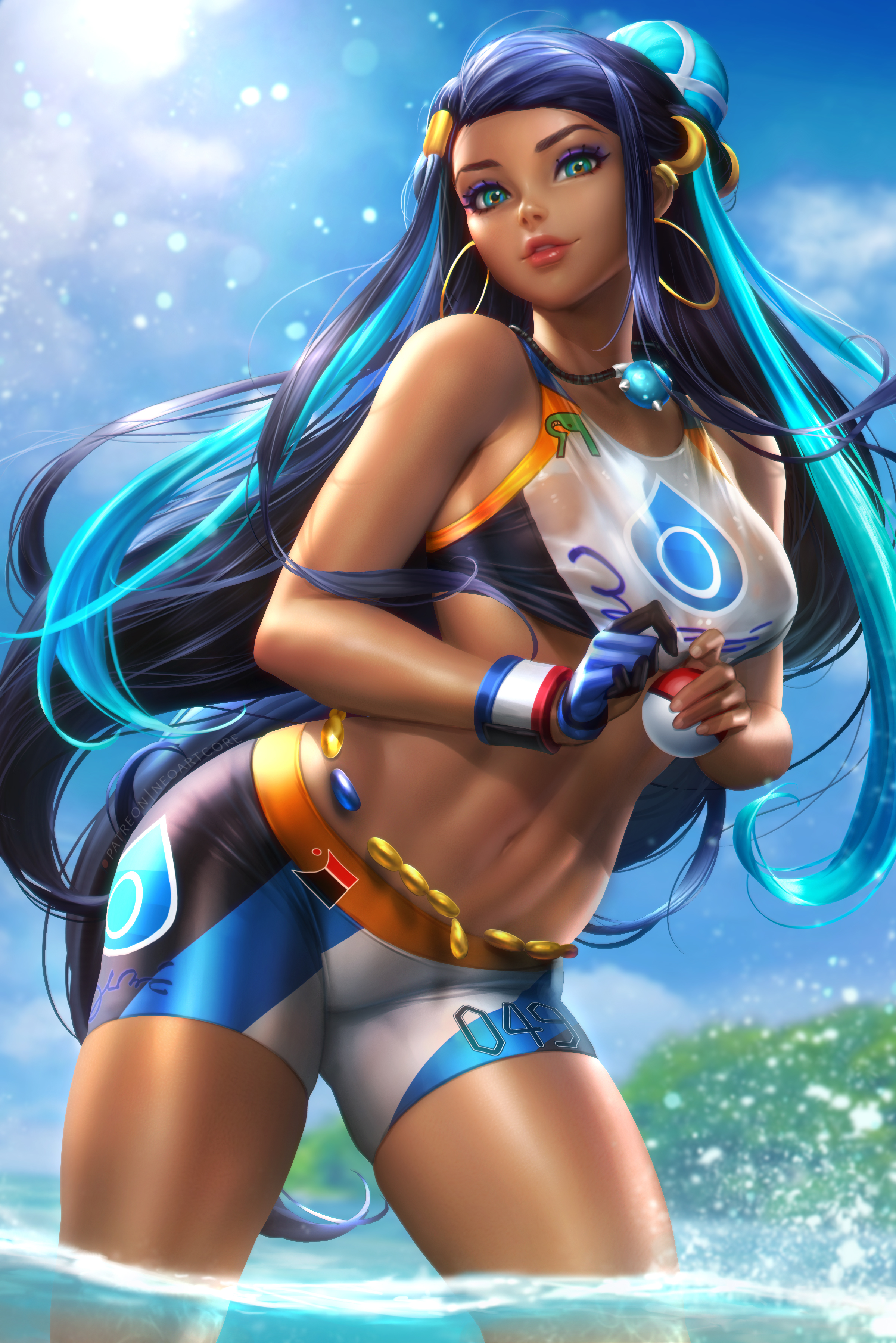 Anime 2400x3597 Nessa (Pokémon Sword and Shield) Pokémon Pokemon Sword & Shield video games anime anime girls long hair looking at viewer smiling necklace swimwear wet clothing belly short shorts in water summer sky fingerless gloves Poke Ball portrait display video game characters video game girls artwork drawing digital art fan art NeoArtCorE (artist)