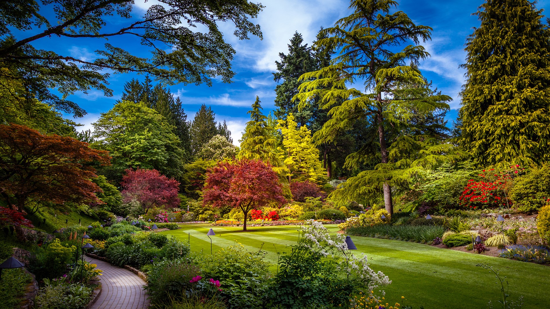General 1920x1080 nature landscape trees plants grass walkway flowers clouds sky The Butchart Gardens British Columbia Canada