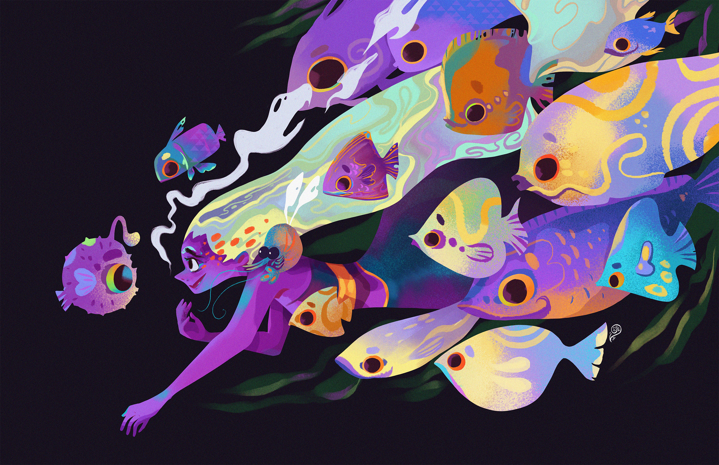 General 2500x1618 Vanessa Morales illustration colorful women long hair nature water fish mermaids sea artwork digital art