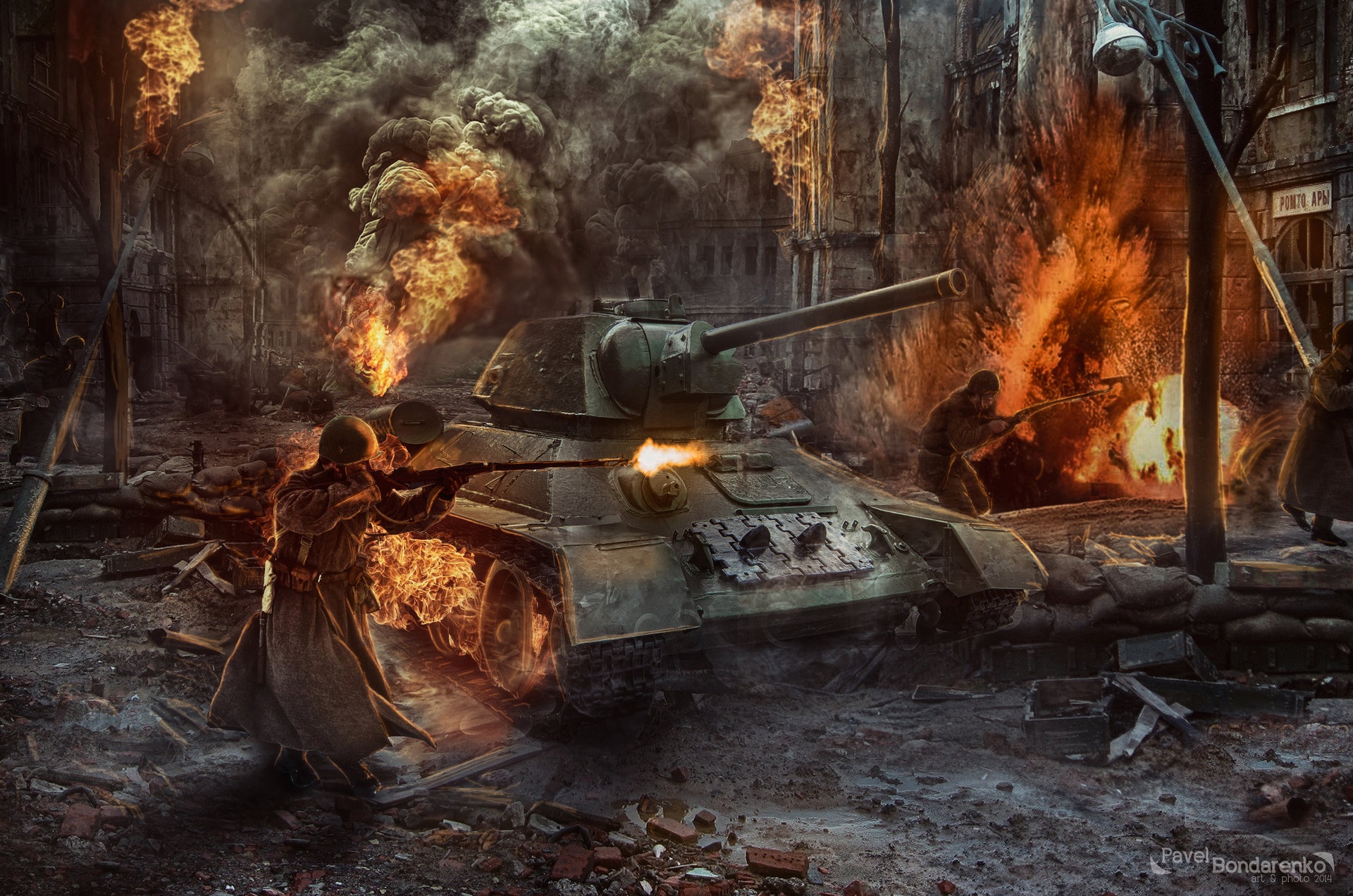 General 1920x1272 artwork war Stalingrad World War II explosion Pavel Bondarenko tank Soviet Army T-34 digital art watermarked