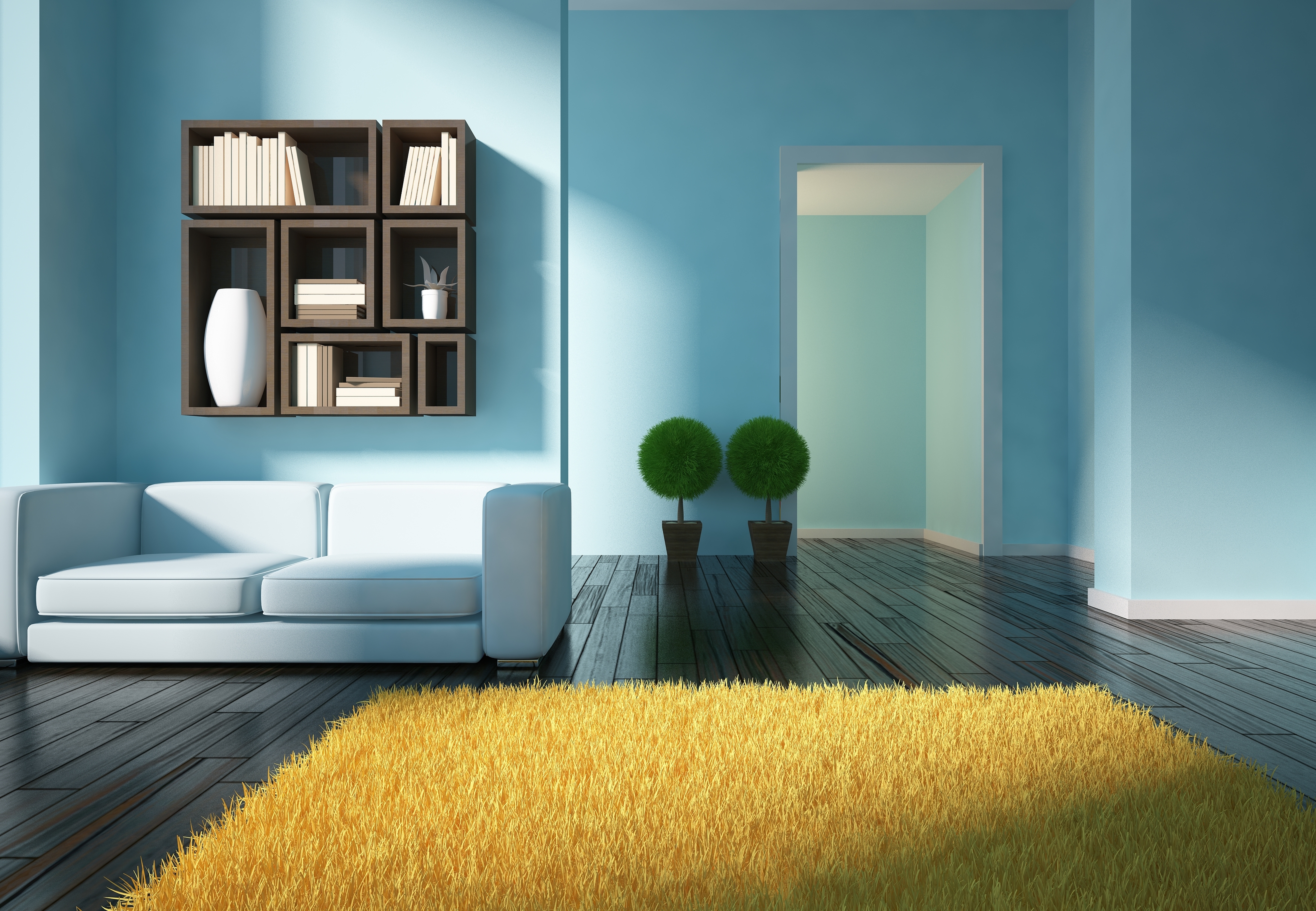 General 7000x4846 room interior wooden surface carpet minimalism bookshelves CGI
