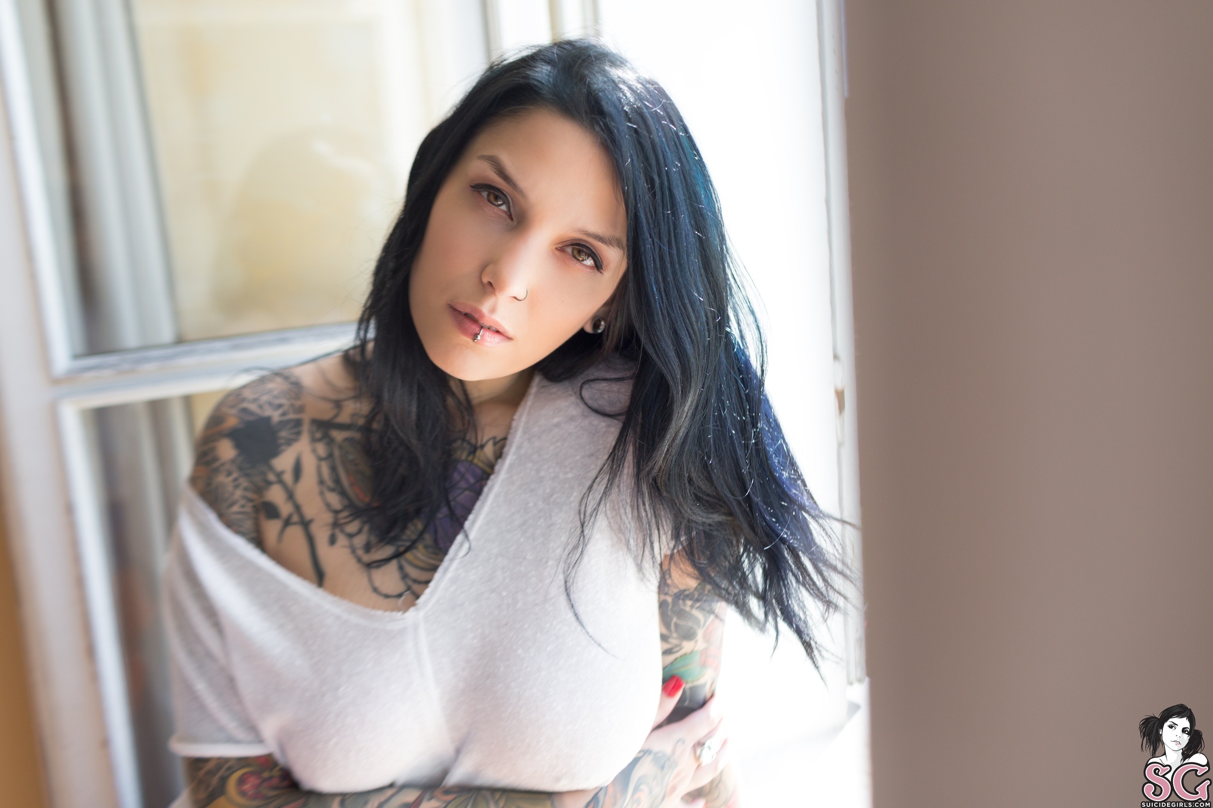 People 2432x1621 women brunette long hair tattoo bedroom curtains window Suicide Girls Valkyria Suicide watermarked
