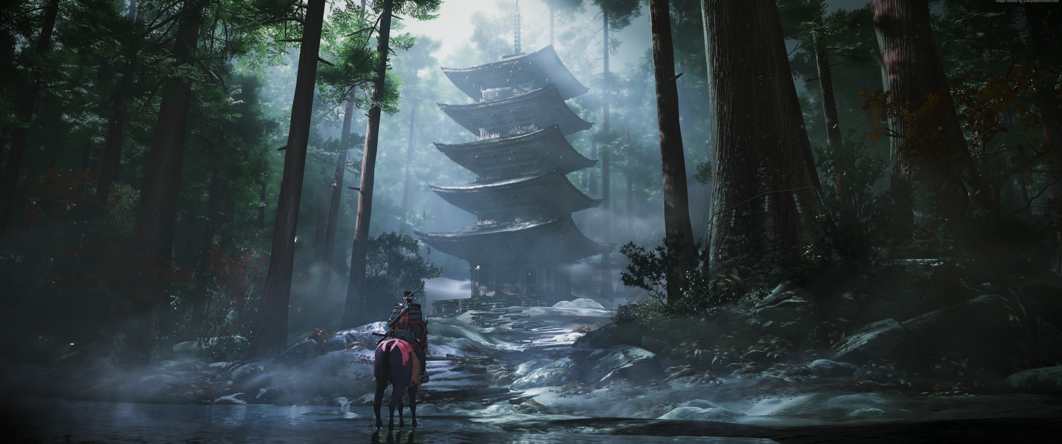 General 3440x1440 video games video game art tower horse samurai Ghost of Tsushima  ultrawide