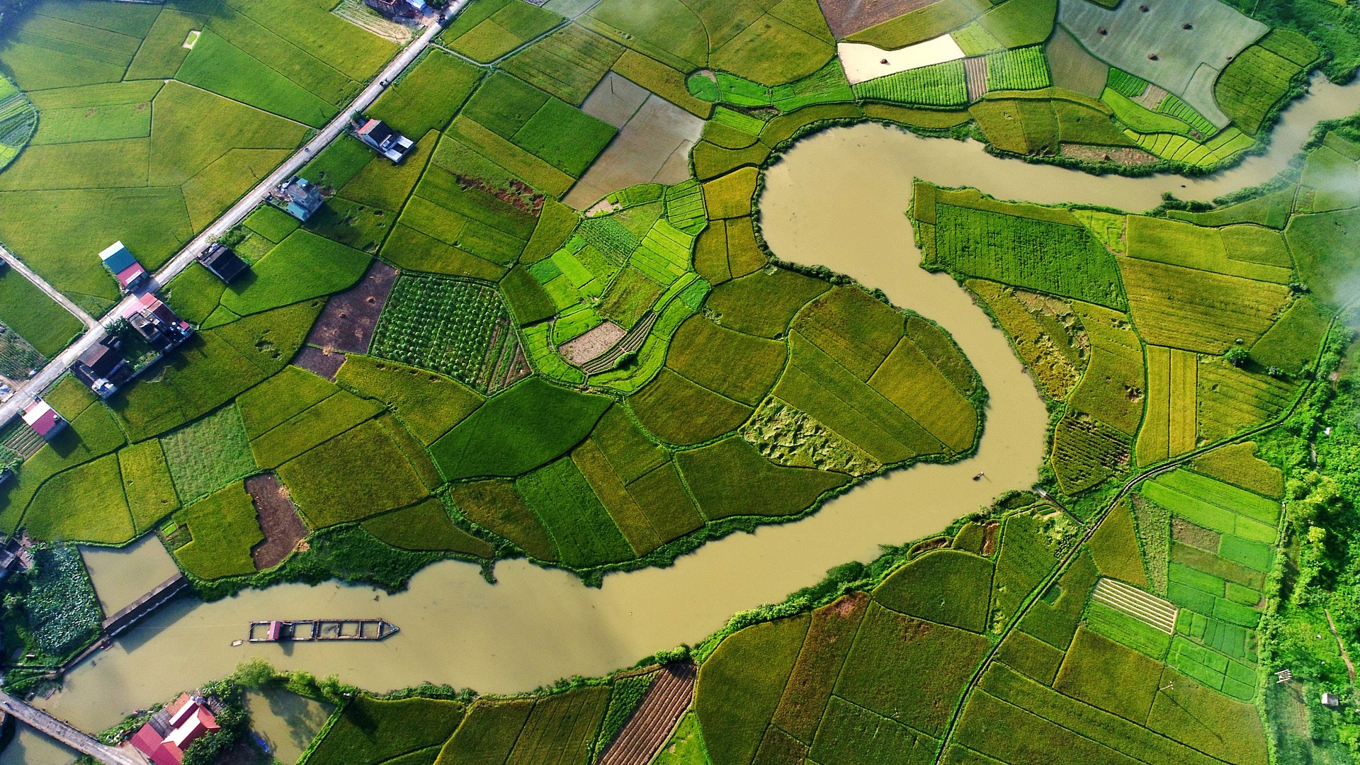 General 1920x1080 aerial view landscape river road flood house field Vietnam green