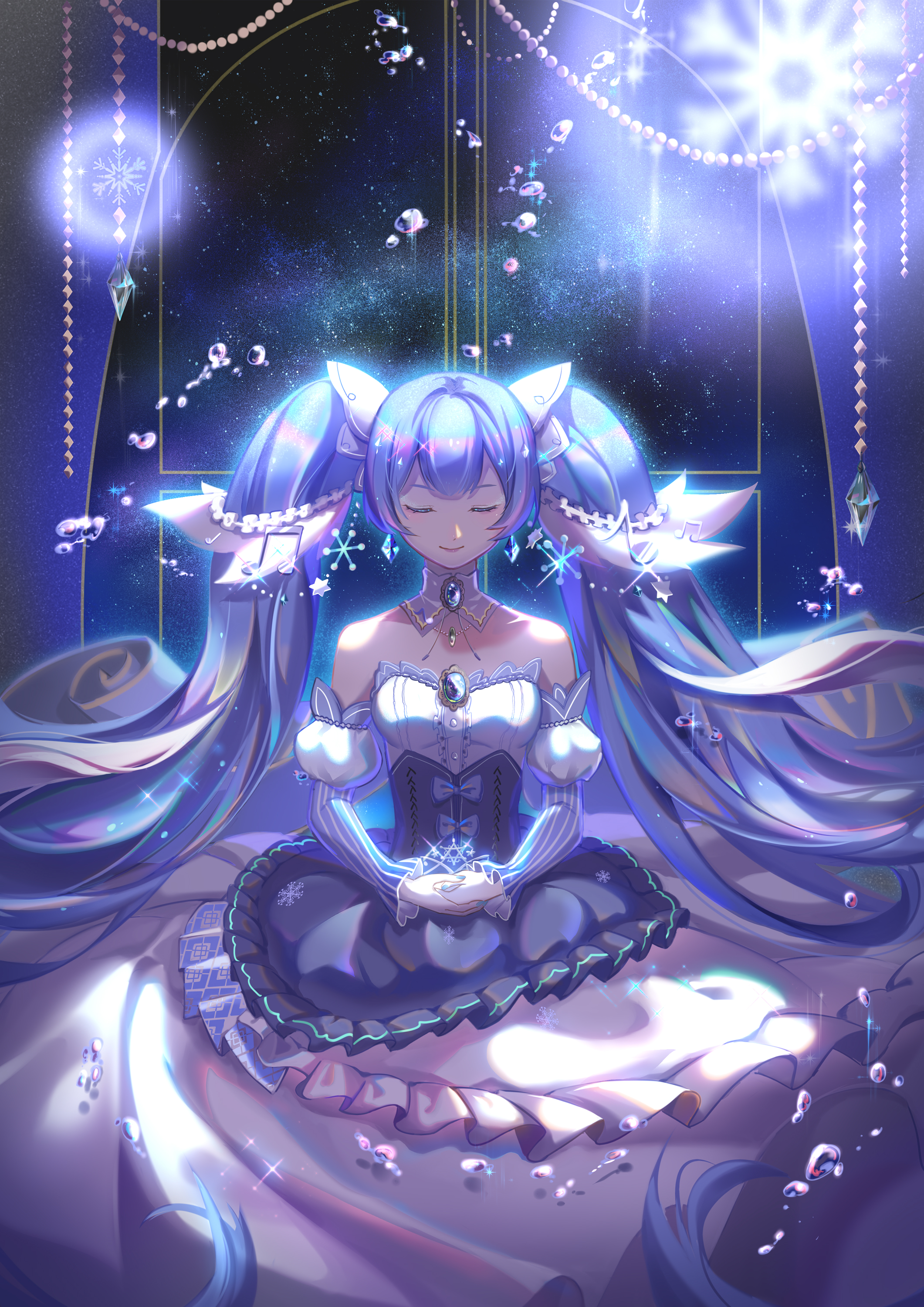 Anime 2121x3000 anime anime girls Vocaloid Hatsune Miku closed eyes smiling long hair blue hair collar bare shoulders dress underwater holding hands
