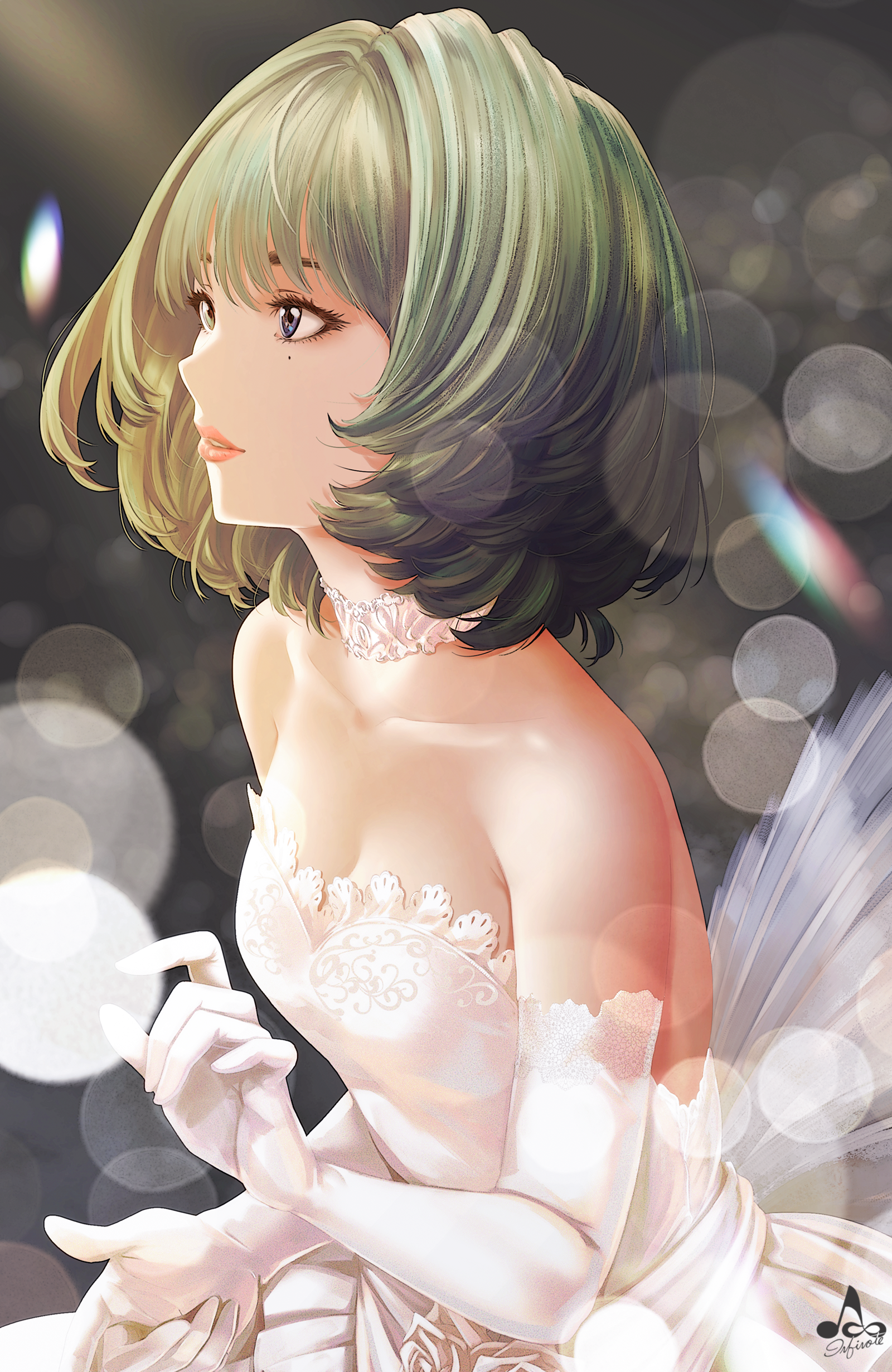 Anime 1600x2460 white dress wedding dress Takagaki Kaede gloves elbow gloves white gloves THE iDOLM@STER choker collarbone small boobs THE iDOLM@STER: Cinderella Girls cleavage bare shoulders looking away short hair moles mole under eye parted lips portrait display infinote anime girls signature green hair blue eyes bokeh