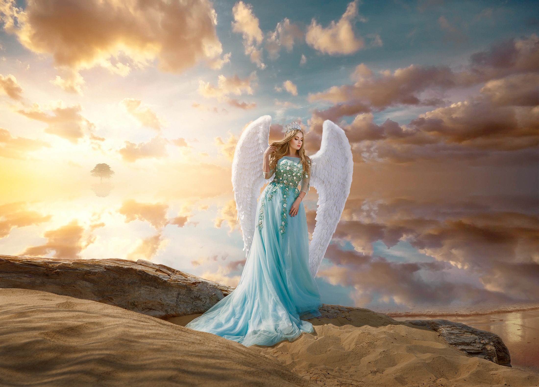 People 2200x1581 angel wings sky dress women model standing sunlight nature fantasy girl blonde crown blue dress makeup