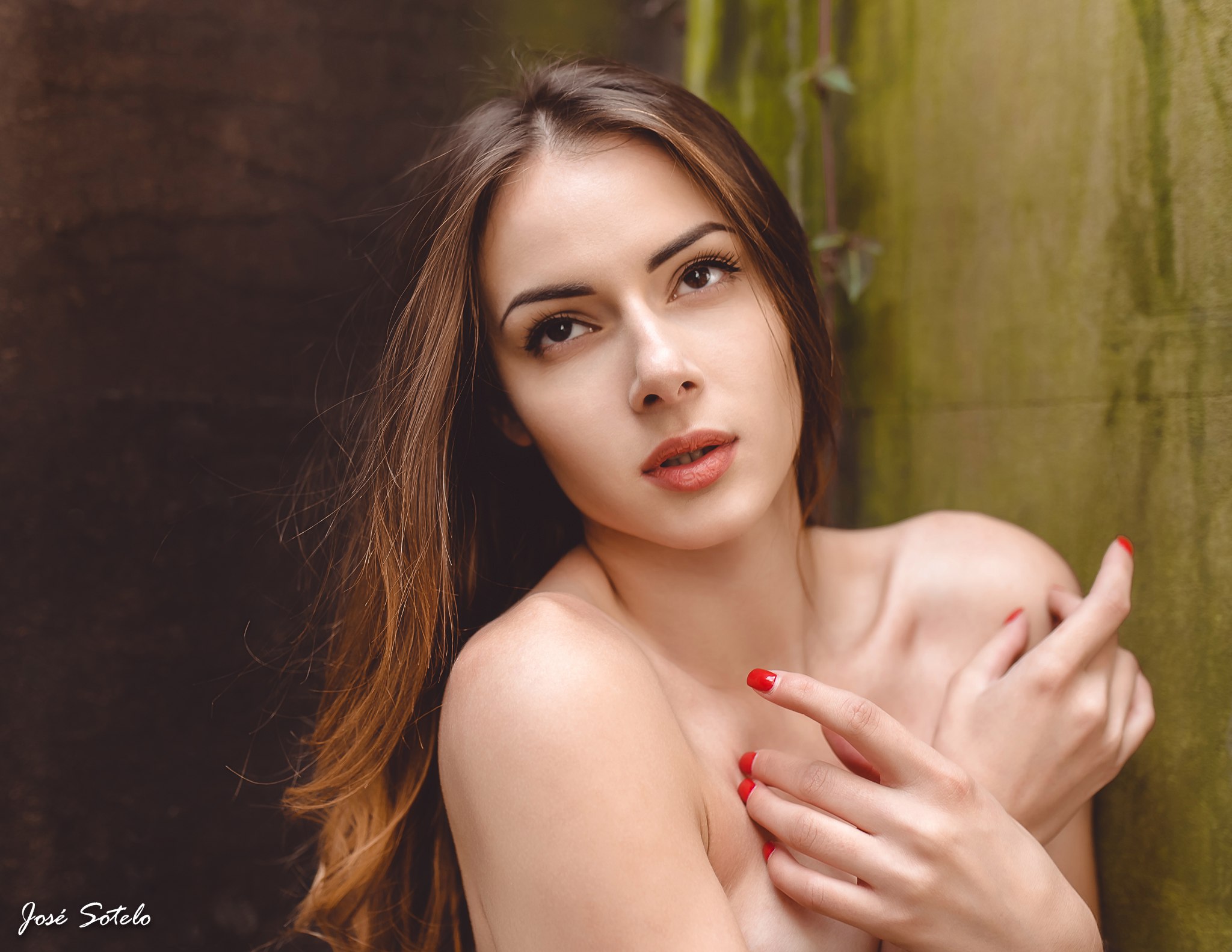 People 2048x1583 women model brunette portrait red nails women outdoors looking into the distance face Jose Sotelo implied nude closeup watermarked