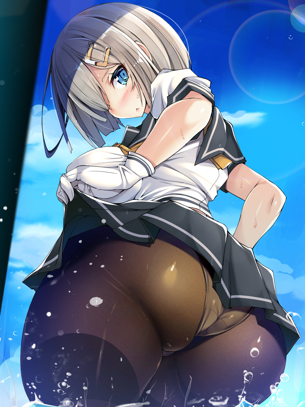Anime 1200x1600 panties pantyhose anime Kantai Collection Hamakaze (KanColle)  ass schoolgirl school uniform looking back gloves short hair portrait display standing sun rays sky clouds water outdoors women outdoors silver hair lifting skirt standing in water blushing white gloves hair ornament short sleeves low-angle hair over one eye frills panties under pantyhose skirt Torisan
