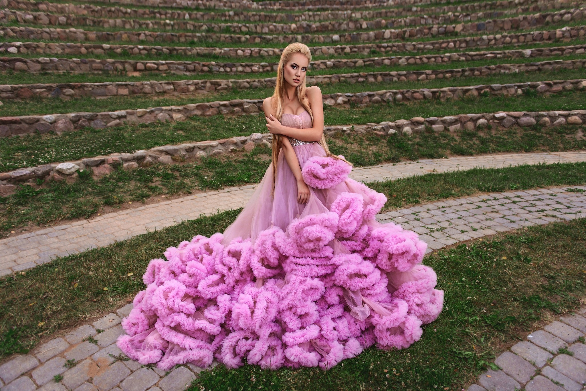 People 2048x1367 Sergey Vilkevich 500px pink dress women model women outdoors dress outdoors makeup standing