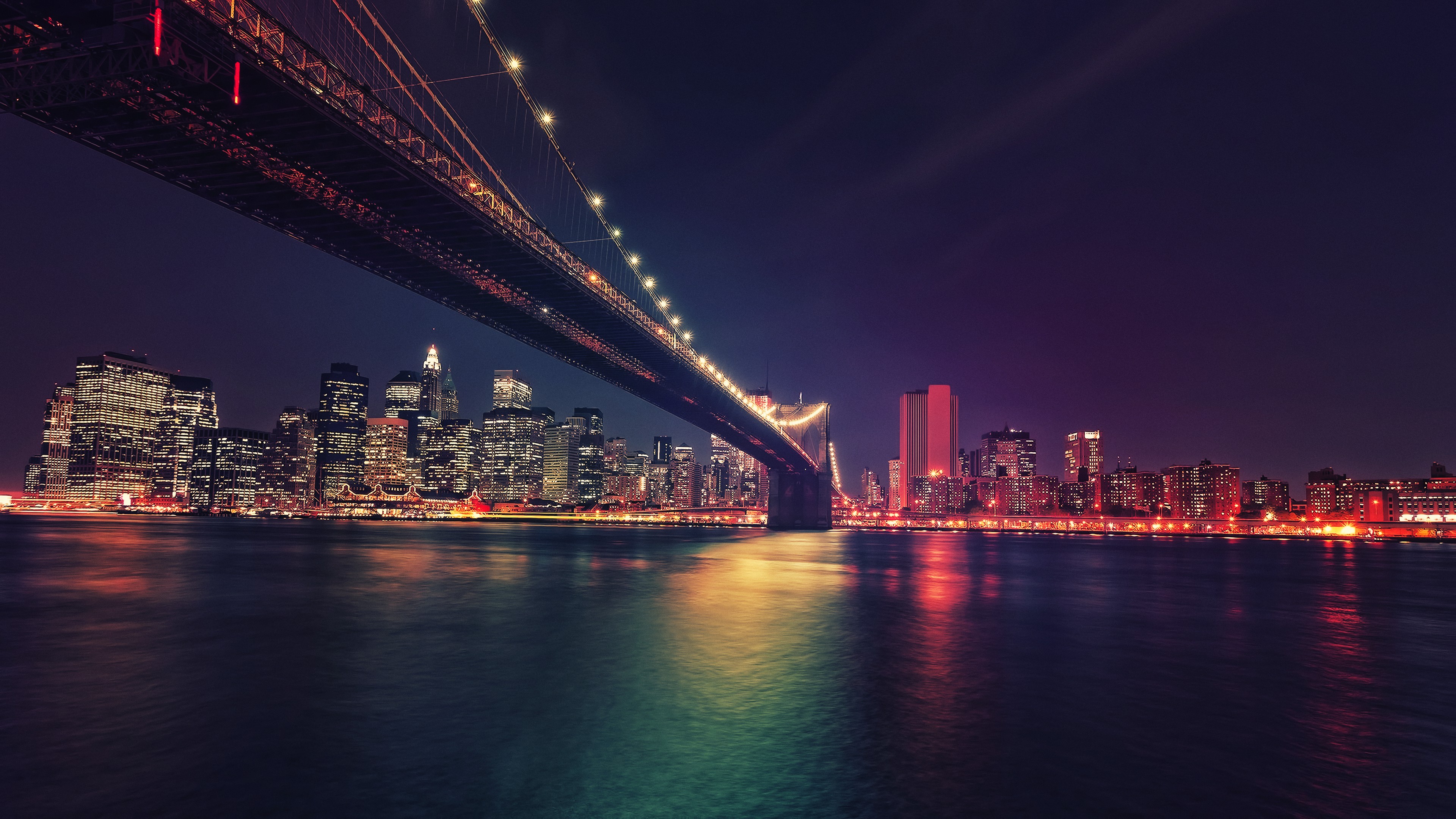 General 3840x2160 New York City cityscape USA night Brooklyn Bridge landscape neon low light