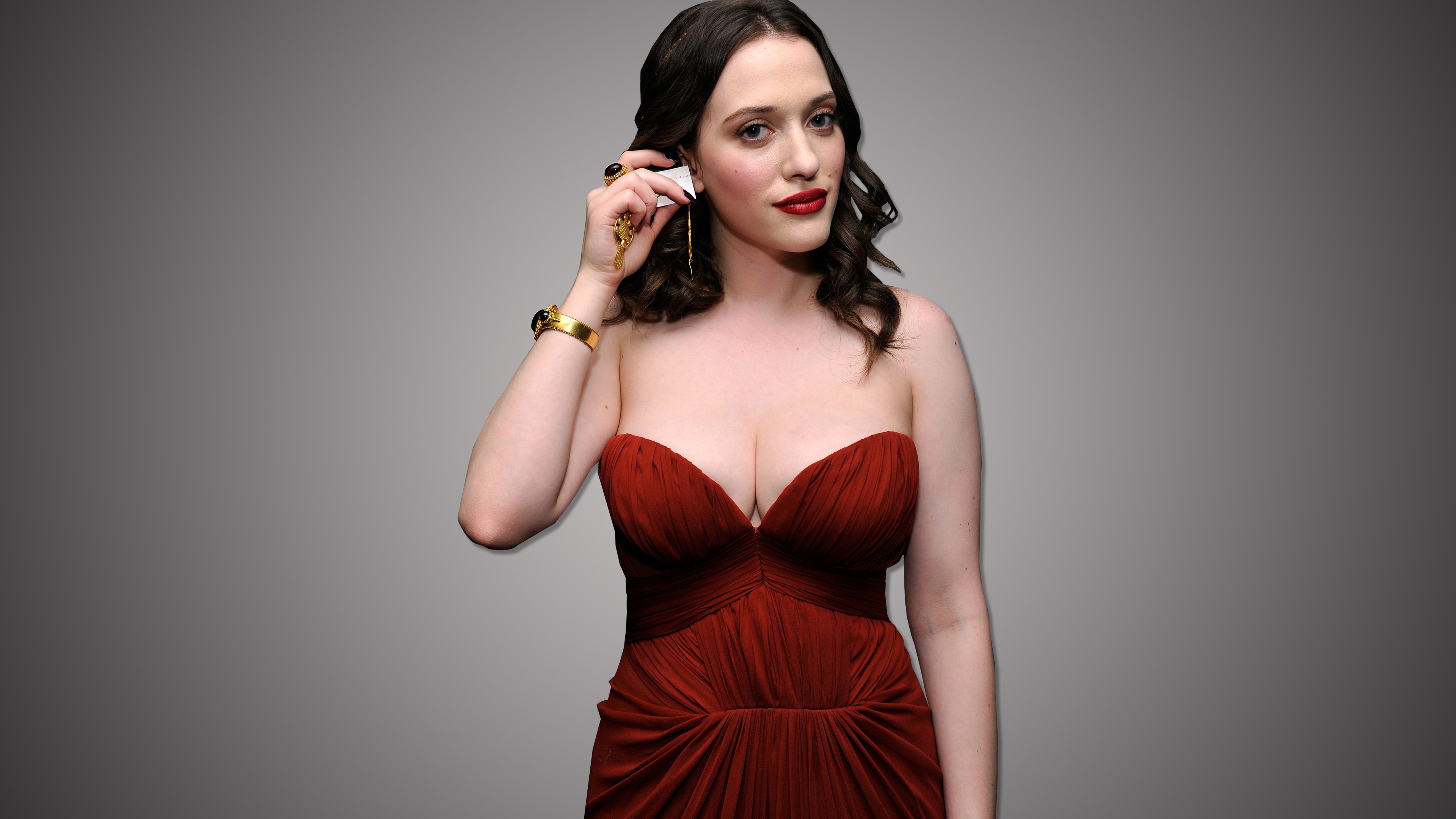 People 3840x2160 Kat Dennings actress brunette big boobs red dress gradient women strapless dress cleavage glamour