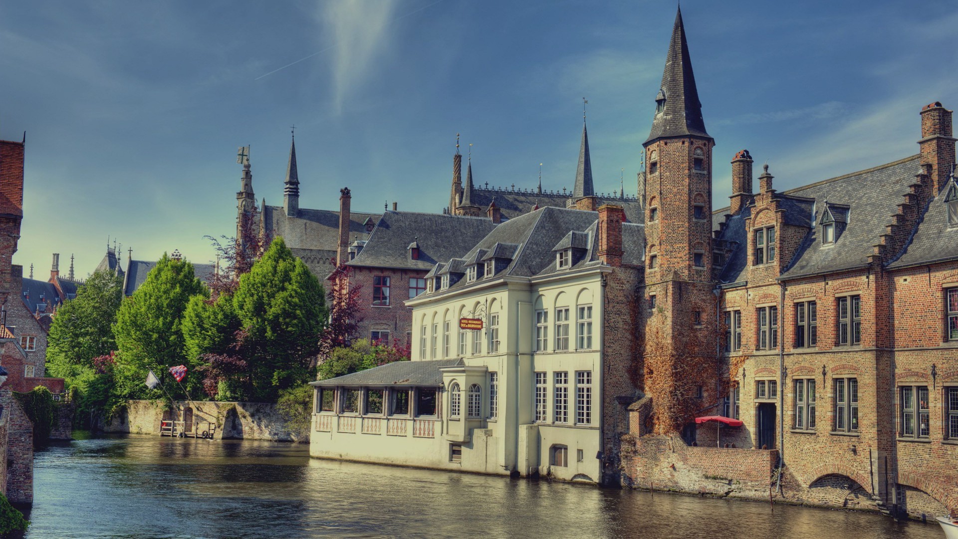 General 1920x1080 architecture building Bruges Belgium town old building house tower ancient water trees HDR